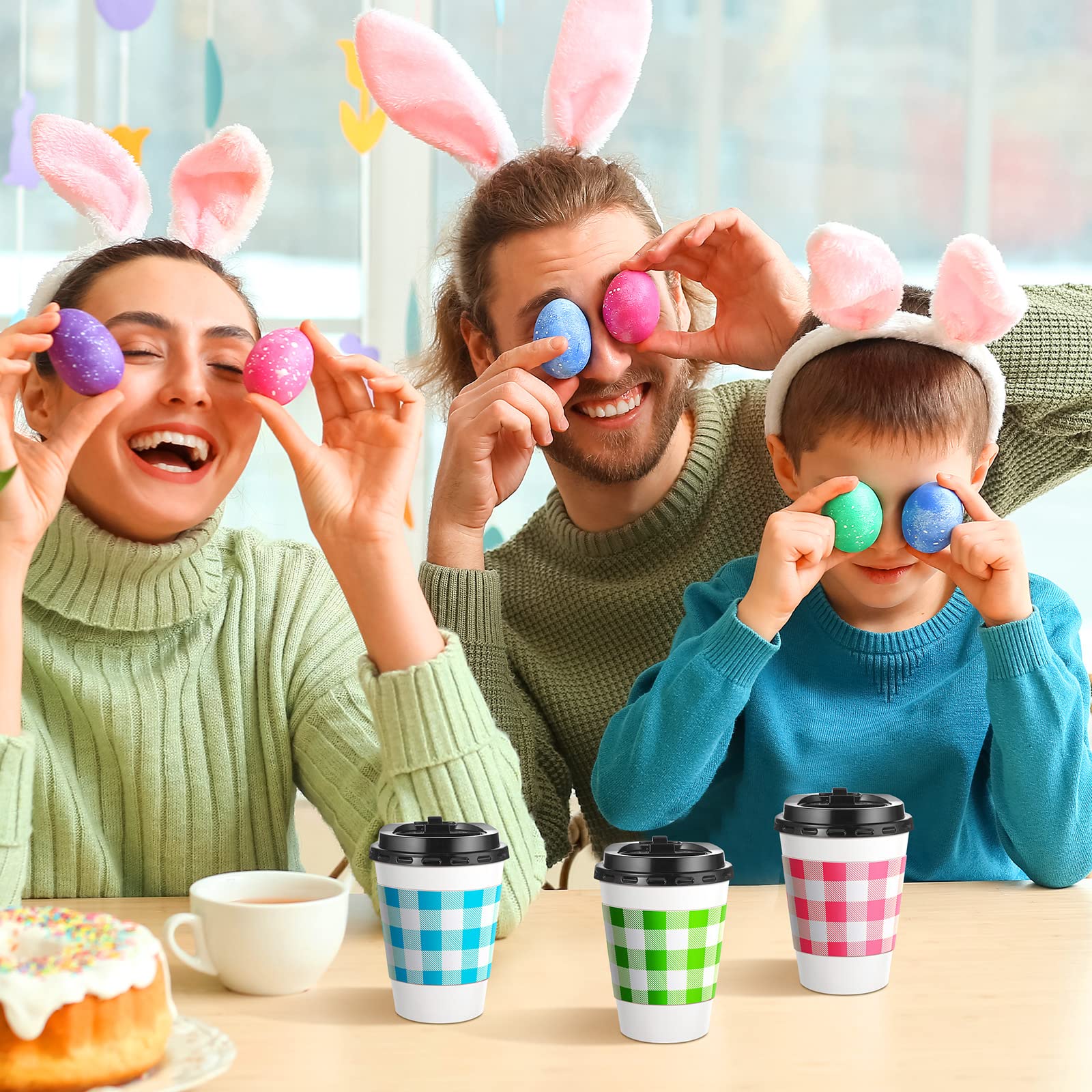 Meanplan 60 Pack Disposable Coffee Cups 12 oz with Lids Stir Straws and Easter Paper Sleeves, Coffee Paper Cups with Flat Lids for Tea Coffee Juice Hot Chocolate Home Shop Cafe Use