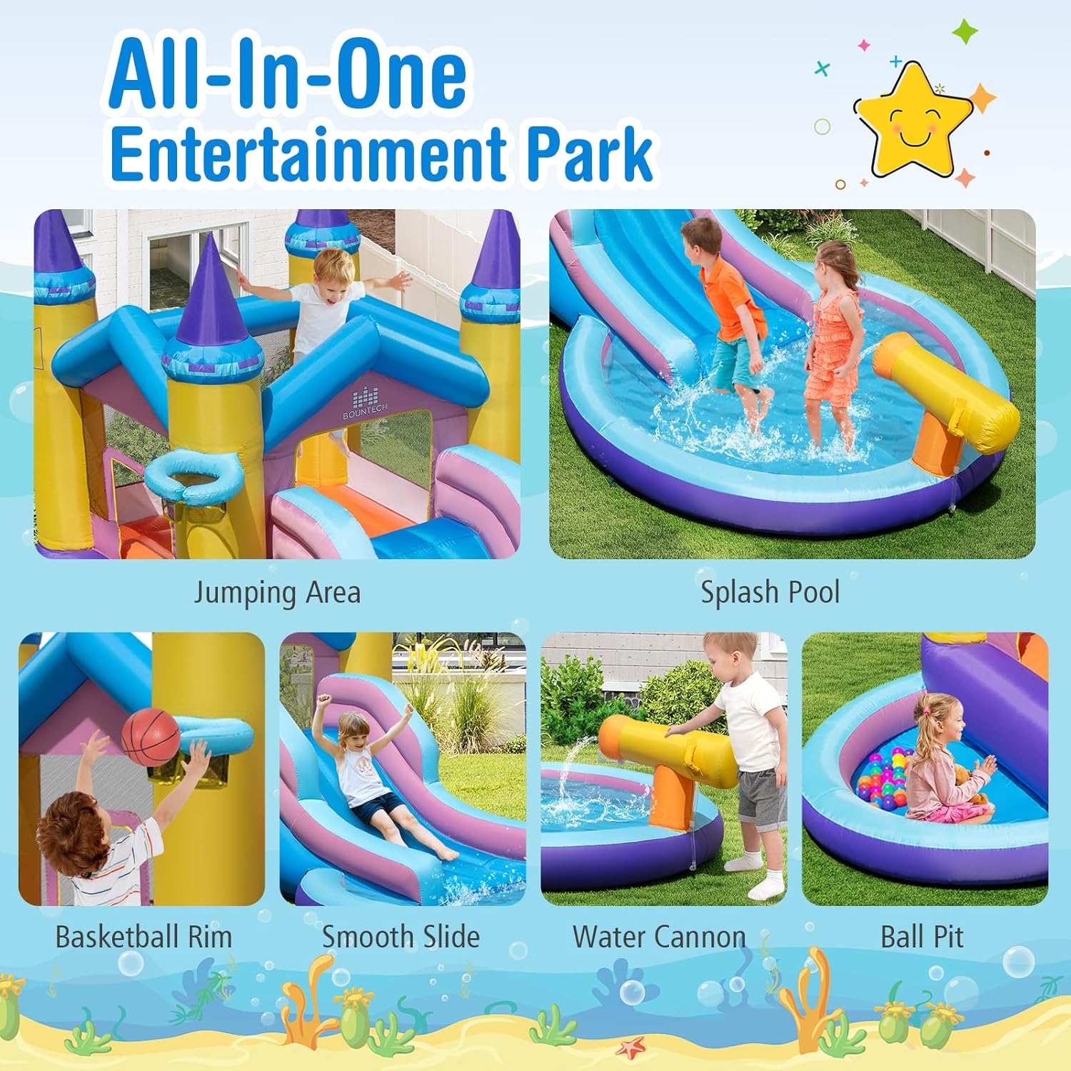 BOUNTECH Inflatable Water Slide, 2 in 1 Castle Bounce House Water Slide with Ball Pit & Splash Pool for Kids Outdoor Fun, Bouncy Castle Waterslides Inflatables for Kids Boys Girls Backyard Party Gifts