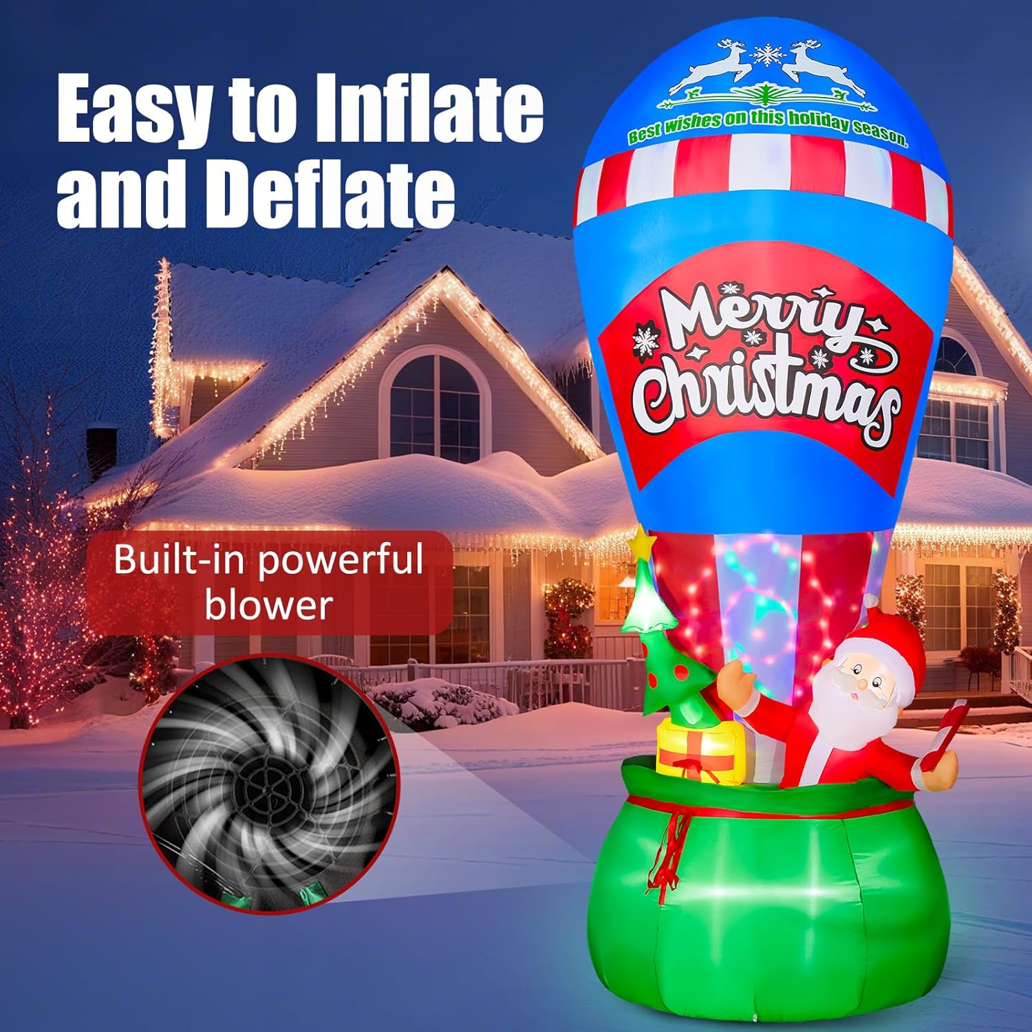 12FT Christmas Outdoor Inflatables - Giant Inflatable Hot Air Balloon Santa with Built-in Colorful Rotating LED Lights Christmas Blow Up Yard Decorations for Garden Lawn Party Xmas Decor