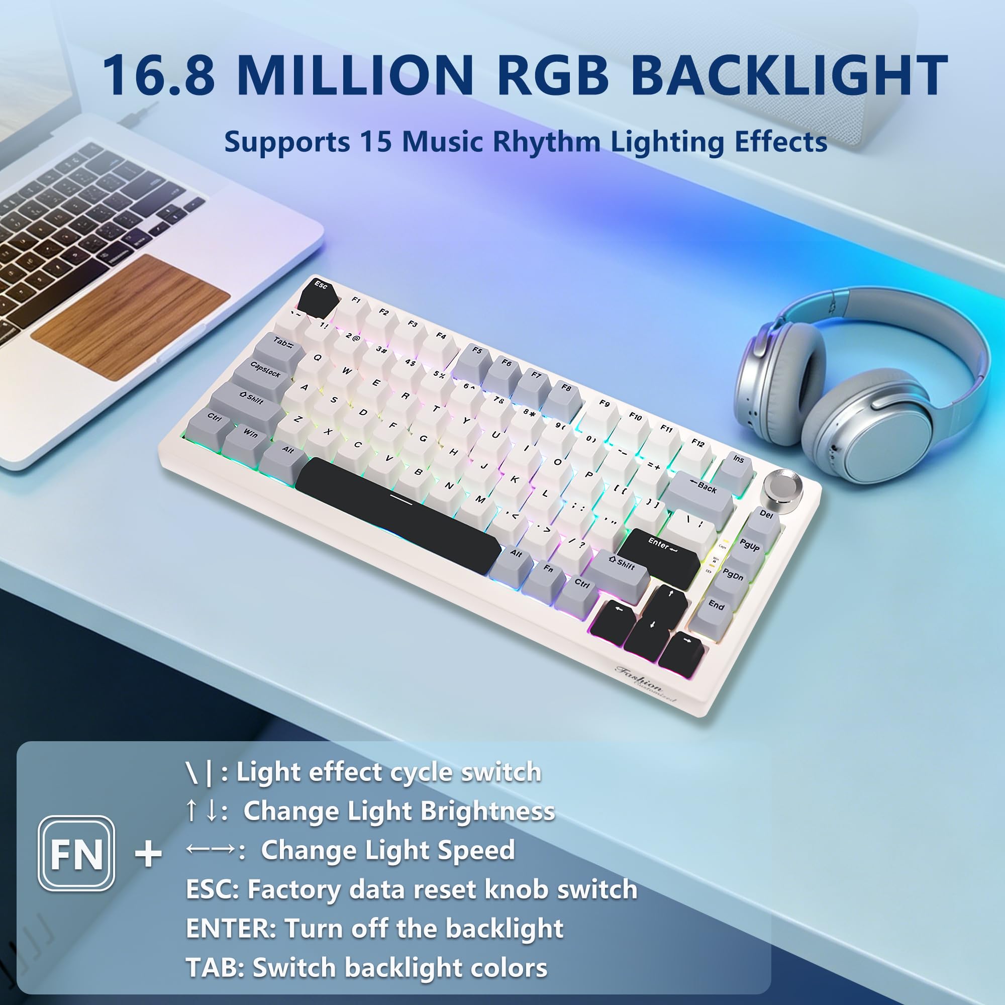 Tastiera meccanica wireless K81, tastiera 75% con manopola, Bluetooth/2.4G/USB, hot swap, tastiera da gioco RGB con tasti completi anti-ghosting, per Windows e Mac