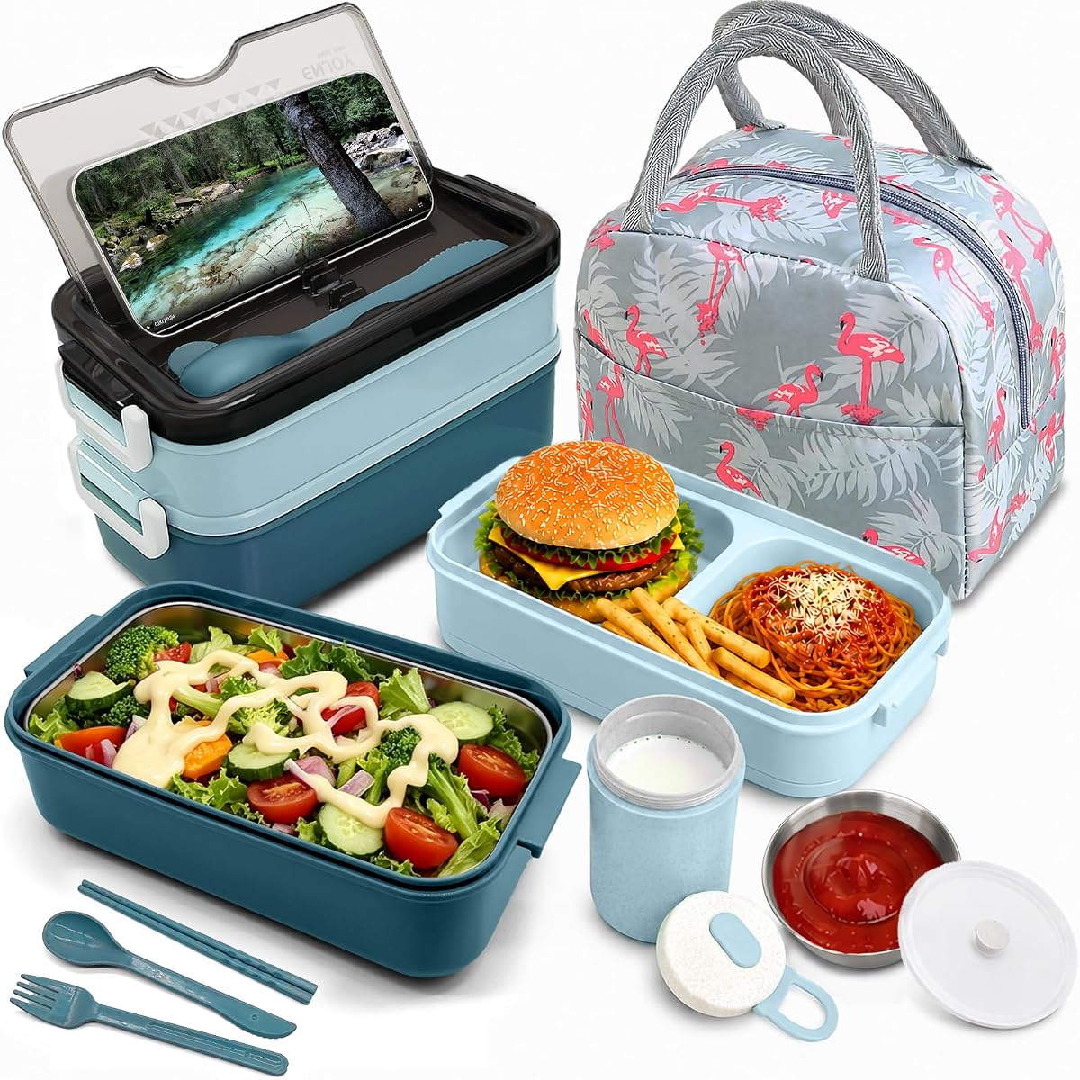Fiambrera Bento de 2 niveles para hombres y adultos con bolsa de almuerzo aislada | Caja Bento de gran capacidad de 50 OZ con utensilios sin BPA y recipiente para tazas y salsas, a prueba de fugas, apta para microondas para el trabajo y preparación de comidas