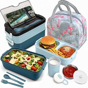 2-Tier Bento Lunch Box for Men & Adults with Insulated Lunch Bag | 50 OZ Large Capacity Bento Box with BPA-Free Utensils & Cup & Sauce Container, Leakproof, Microwave Safe for Work & Meal Prep