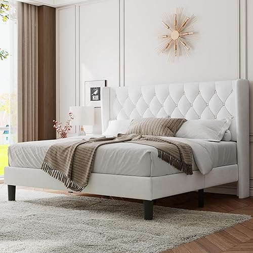 Miniatura 30 de Feonase Base de cama de tamaño matrimonial con cabecera tapizada con respaldo de ala, plataforma y soporte de listones de madera resistente, fácil