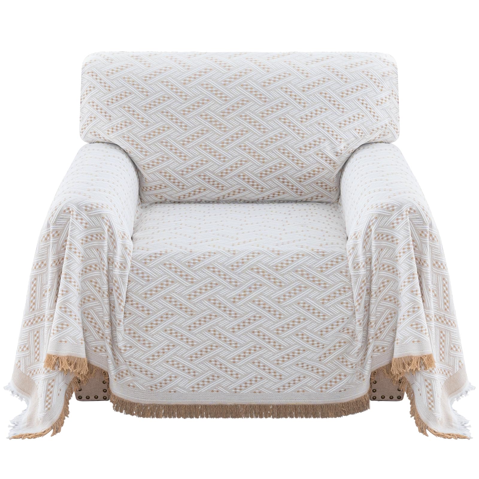 Bellahills Khaki/White Sofa Cover For Armchairs Couch Covers Cotton Sofa Slipcovers Furniture Protectors From Pets Knitted Decorative Settee Covers (180X230cm, )