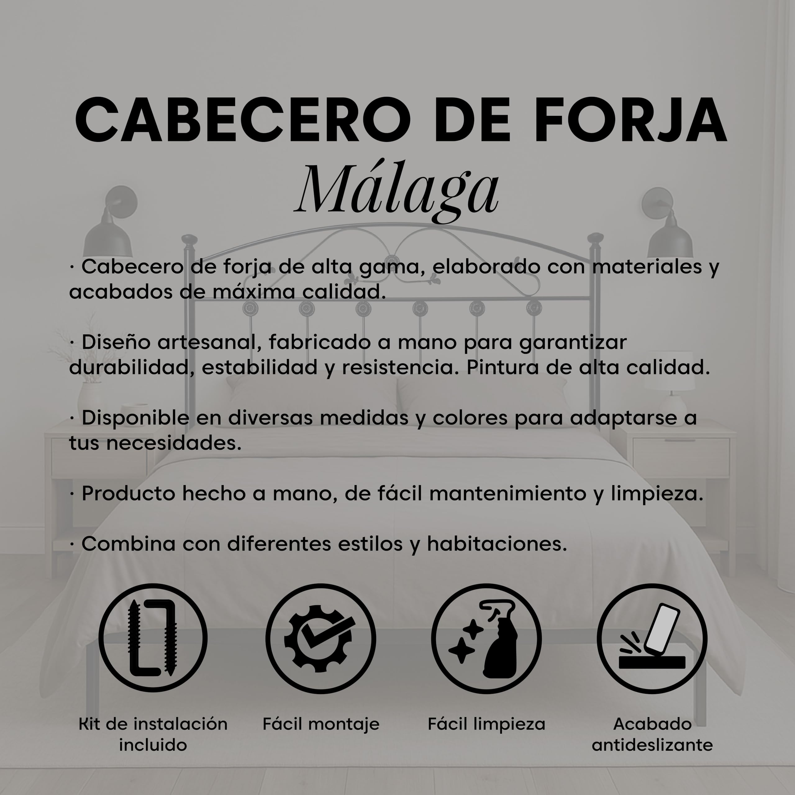Cabecero Forja Málaga, Cabezal para Cama, Cabecero, Cama Matrimonio e Individual, Cama De Hierro, Cabezal Forja, Cabecero Juvenil, Hecho En España (Negro, 135 cm)