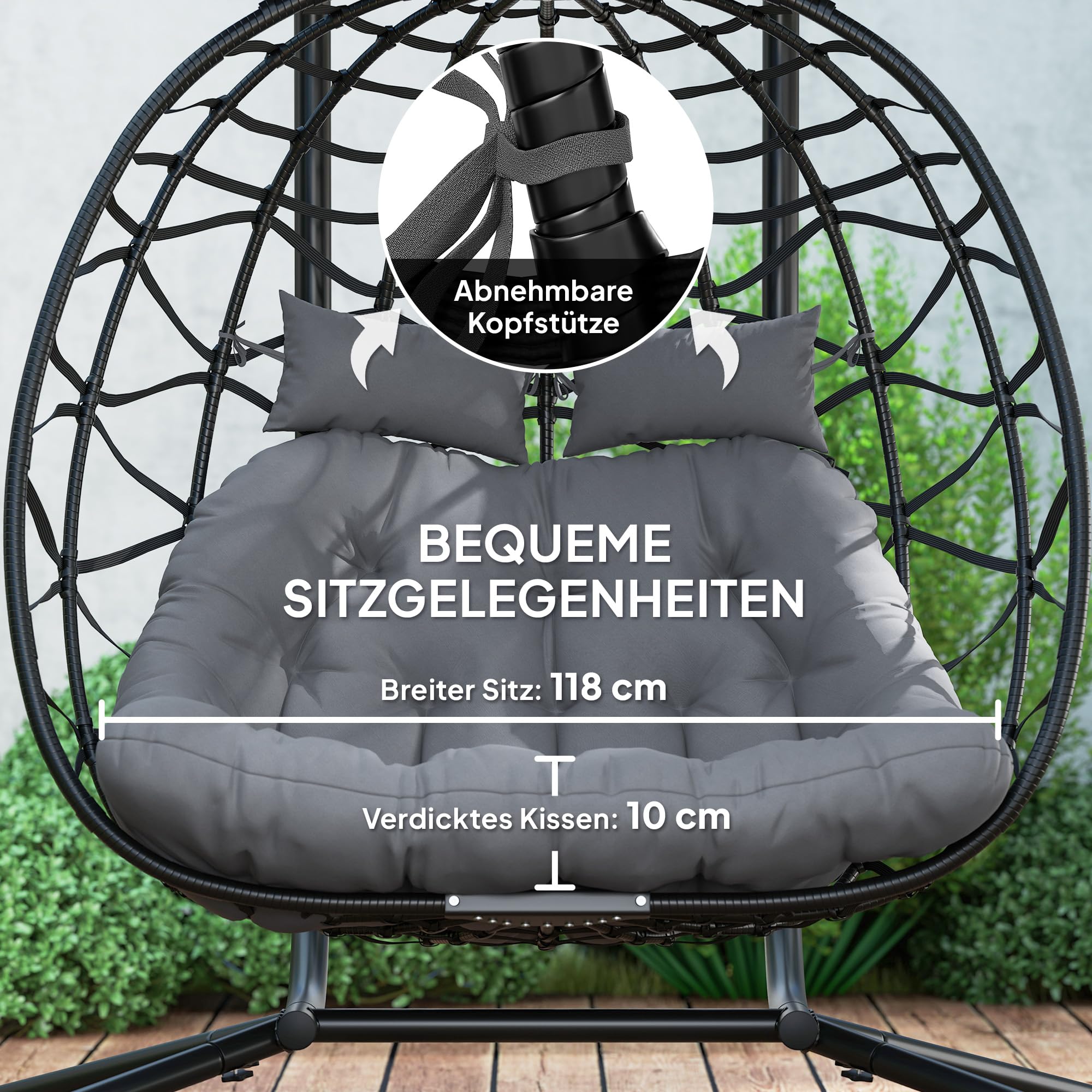 Outsunny Hängesessel mit Gestell faltbar für 2 Personen 260kg Dunkelgrau | Hängekorb mit Kissen, Sonnenschutzdach, Polyrattan Hängestuhl, Outdoor Hängeschaukel, Sessel für Balkon Terrasse