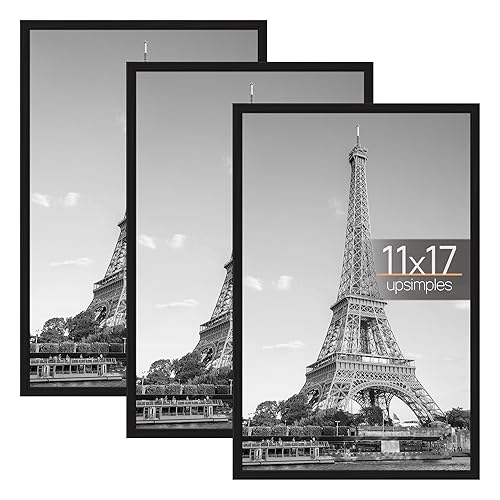 upsimples 11x17 Picture Frame Black 3 Pack, Scratch-Proof 11 x 17 Poster Frames for Photo Gallery - Slide-In Strips, Horizontal or Vertical Wall Mounting - Black - 11x17