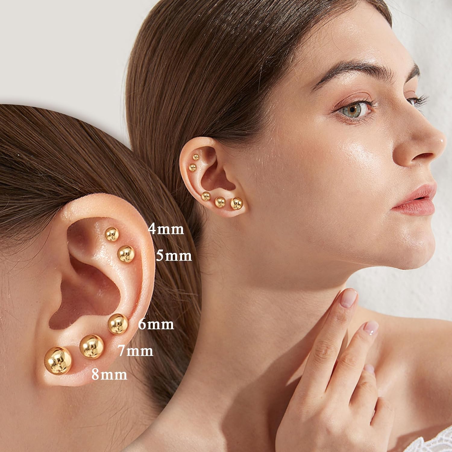 18K Gold Plated Sterling Silver Ball Stud Earrings for Women Men, Round High Polished Balls Studs Hypoallergenic, Butterfly Back (4mm/ 5mm/ 6mm/ 7mm/ 8mm) - Image 5