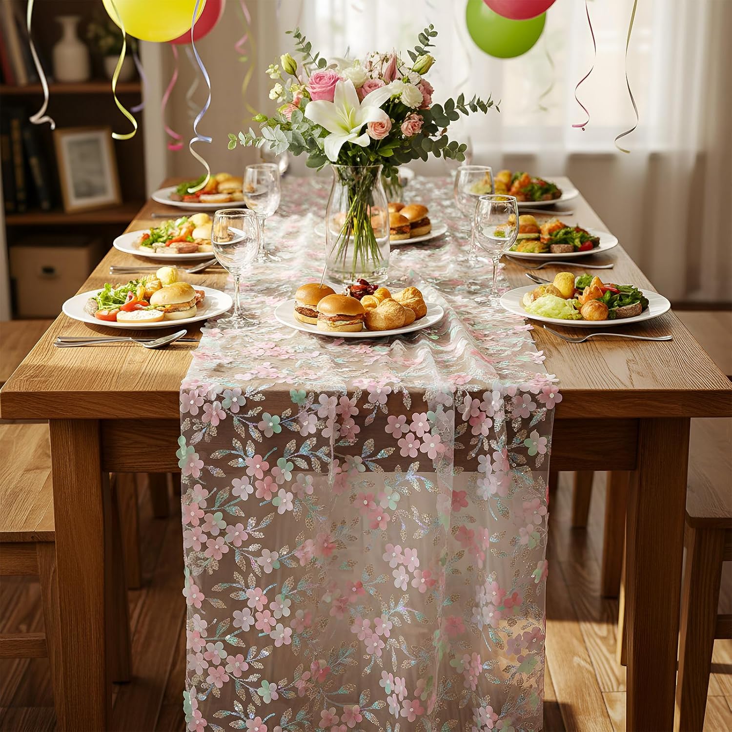 Moukeren Embroidery Floral Table Runner 10ft Valentine's Day Pink Tulle Table Runner with Sequins Easter Spring Home Decor Seasonal Tulle Runners for Wedding Baby Shower Kitchen Dining DIY Craft