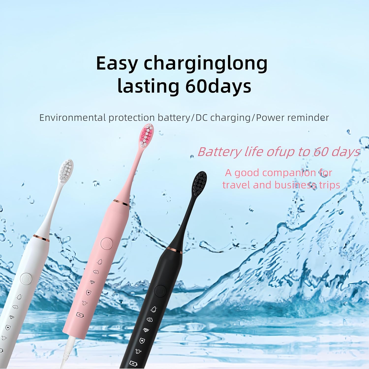 Sonic Toothbrush, Electric Toothbrush for Adults and Teens, Travel Style, Easy to Carry, 5 Brush Heads, 5 Modes, 2 Minute smart Timer, IPX7 Waterproof. Pink