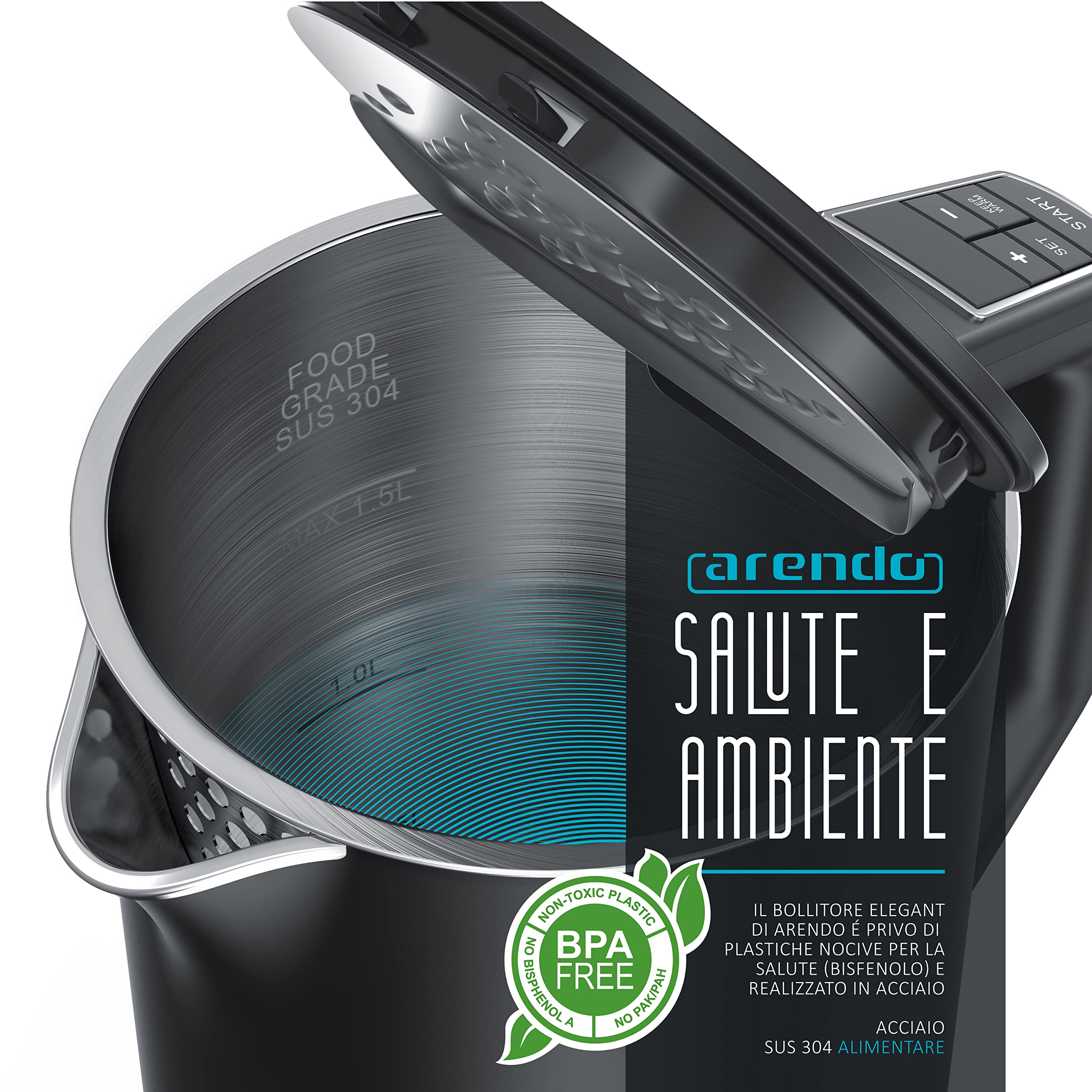 arendo - Bollitore Acqua Elettrico in Acciaio Inox - Modello Elegant - 1,5 Litri - 2200 W - Regolazidone della Temperatura da 40 a 100°C - Design a parete doppia - Nero