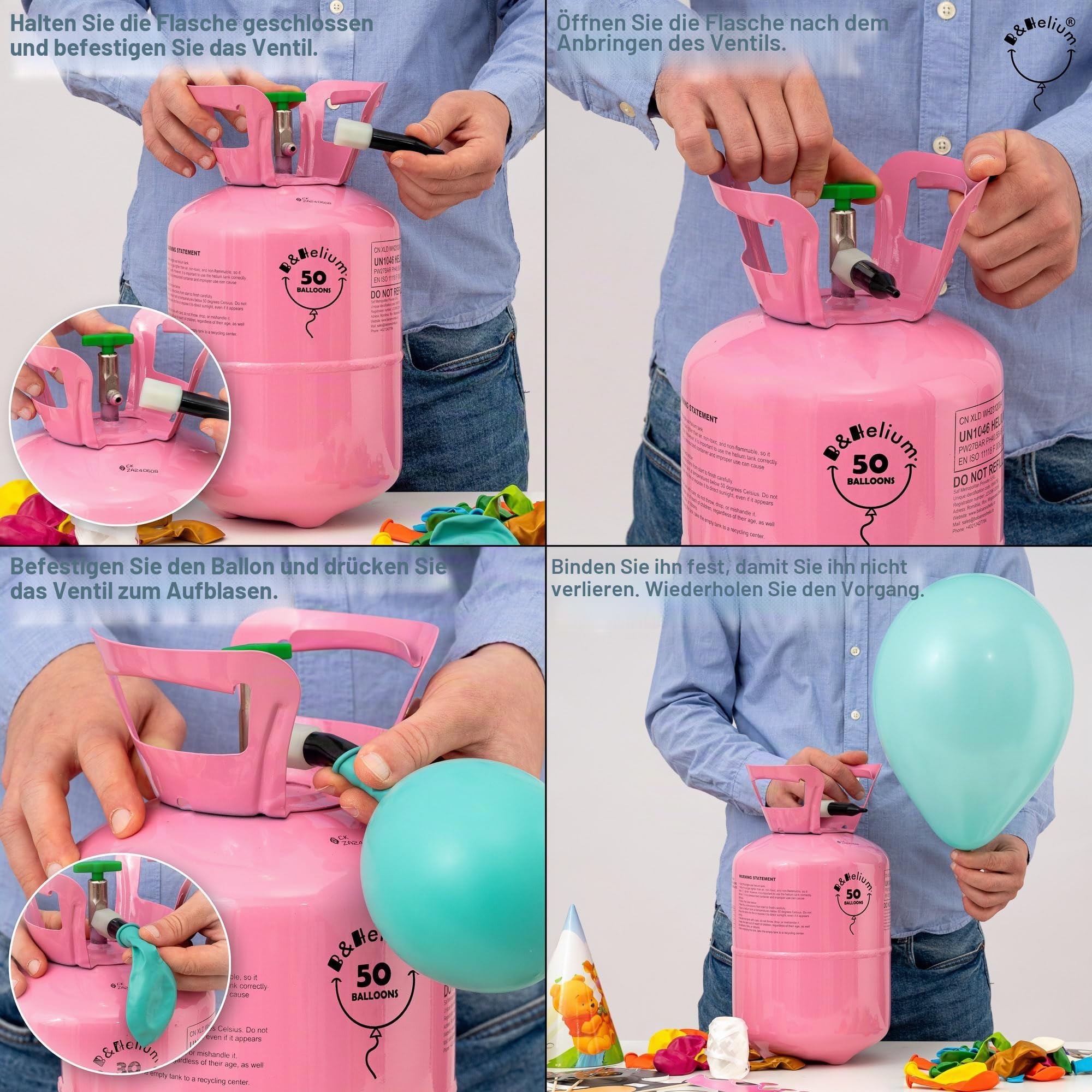 B&Helium – Set mit 50 langlebigen Ballons und Geschenkband – Inklusive Füllventil, mehrfarbigen Ballons und hochwertigem weißem Band – Ideal zur Dekoration von Partys und verschiedenen Veranstaltungen