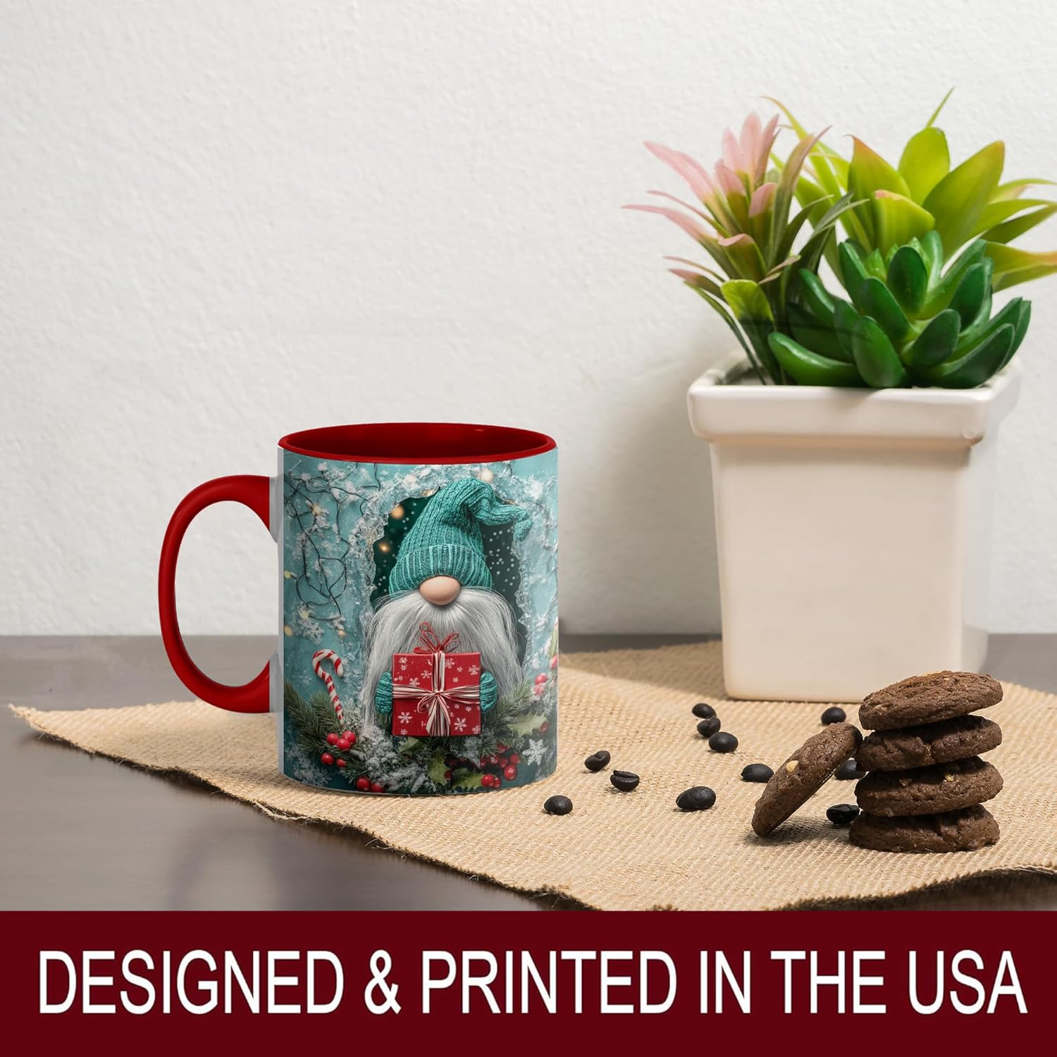 Christmas Gnome Ceramic Mug, Festive Gnome with Gift Box, Candy Cane, and Snowy Scene, Holiday Gift Idea, 11oz Red - Image 6