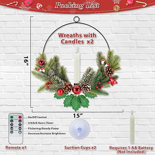 Miniatura 5 de Corona de Navidad para ventana con luz, paquete de 2 coronas de Navidad para puerta delantera con velas LED cónicas a distancia, funciona con pilas,