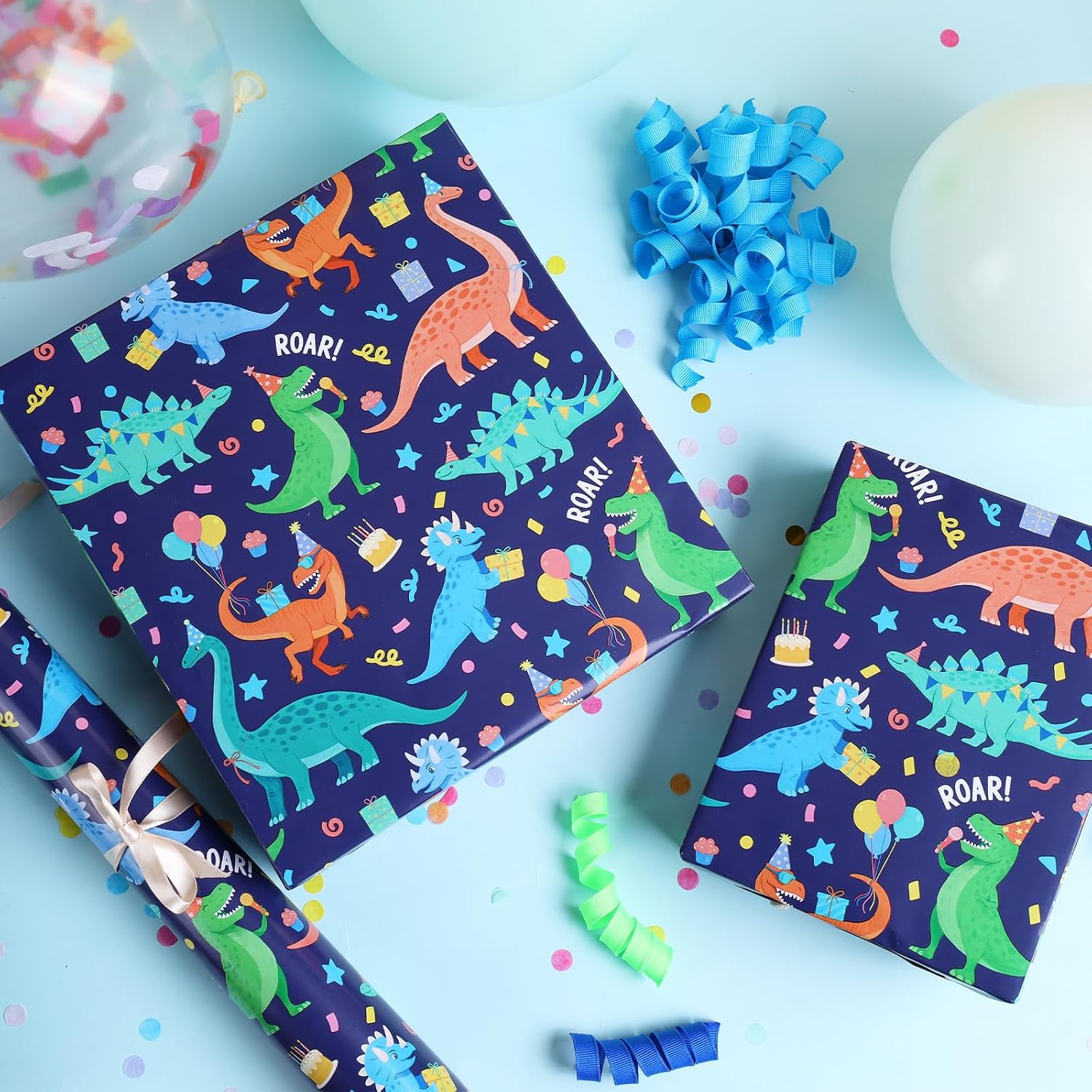 LaRibbons Dinosaur Wrapping Paper for Boys Kids Birthdays 17 In x 33 Ft