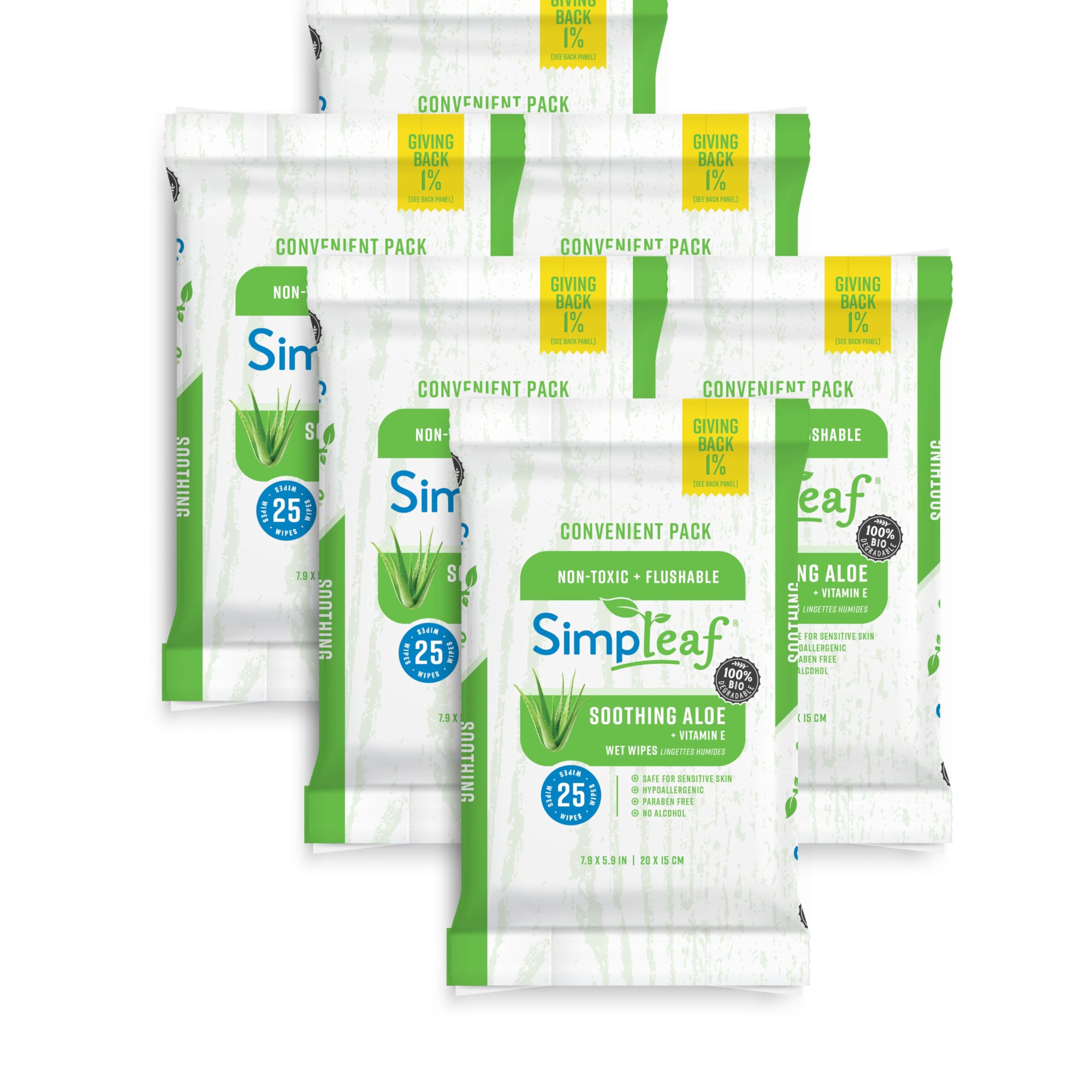Simpleaf Flushable Wet Wipes Aloe Vera| Eco-Friendly, Paraben & Alcohol Free | Hypoallergenic & Safe for Sensitive Skin | Soothing Aloe Formula | (6 x 25 Counts Convenient Pack) 150 Counts Total