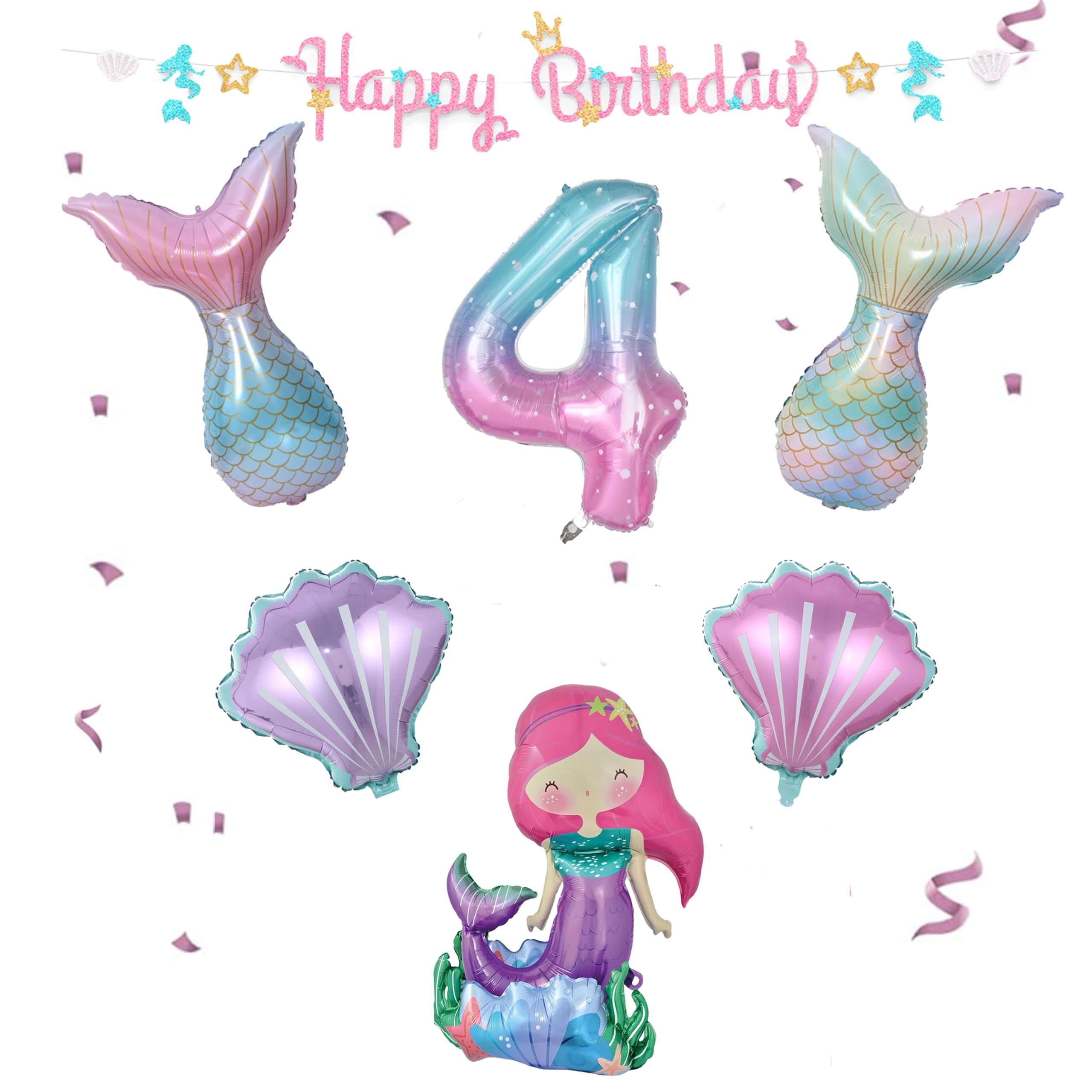 Mermaid Birthday Decoration Mermaid Balloons Kit with 40Inch Number 4 Balloons Happy Birthday Banner Tail Shell Foil Sea Balloons for Girls Under The