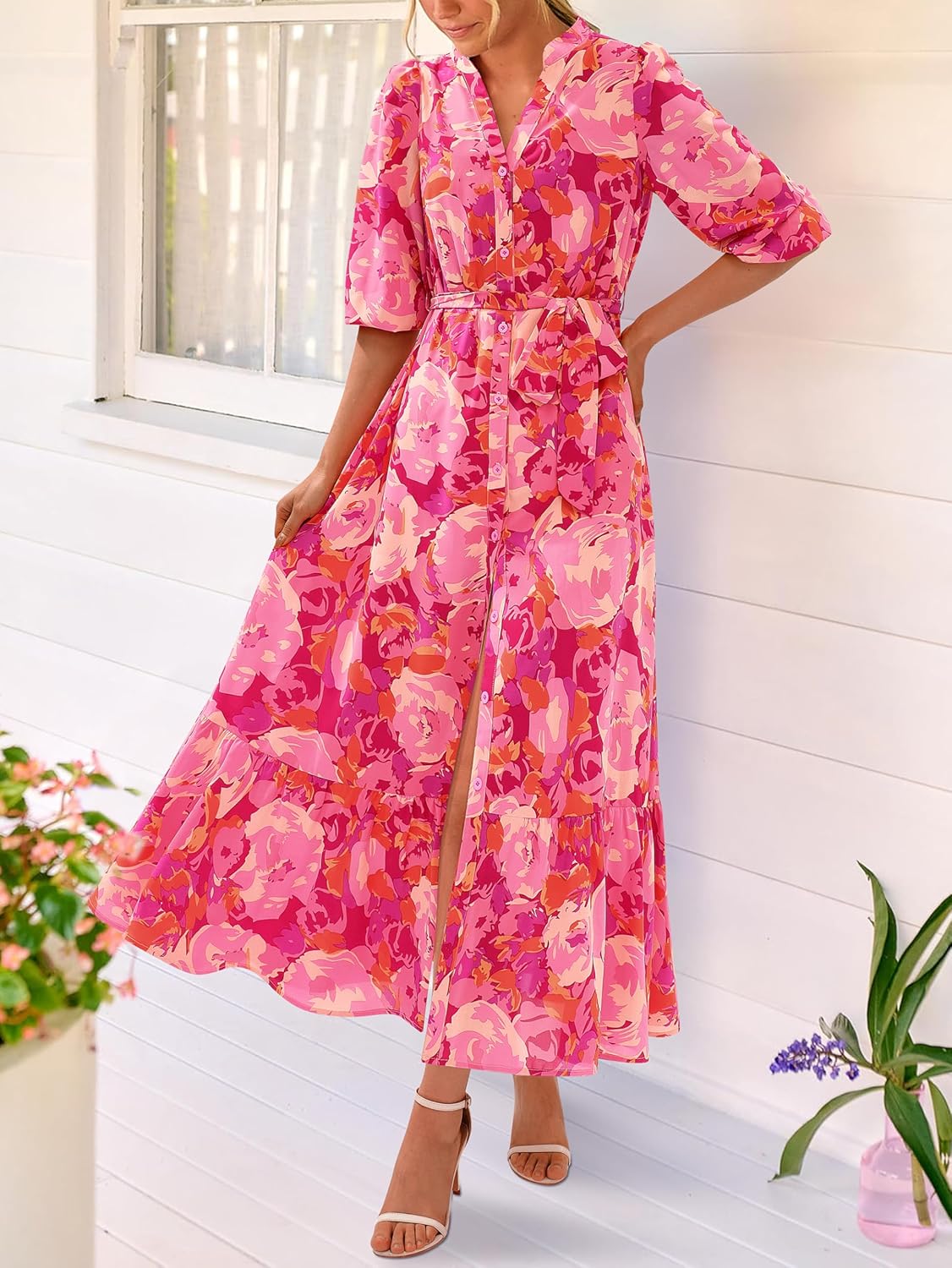 MASCOMODA Womens Floral Maxi Dresses Boho Summer Casual V Neck 3/4 Puff Sleeve Button Down Tie Waist Long Flowy Shirt Dress - Image 5