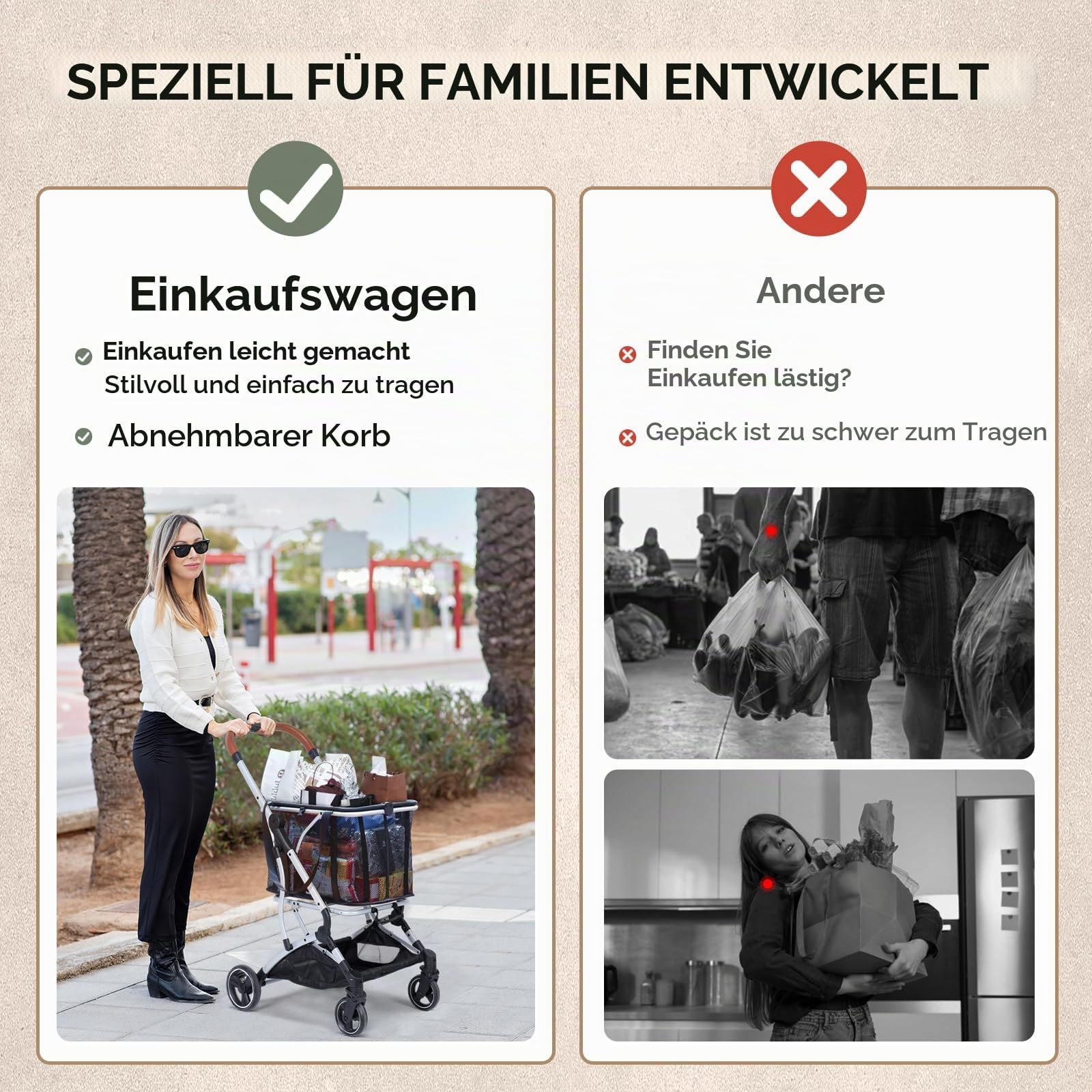 Beberoad Einkaufstrolley klappbar mit 52L Kapazität und belastbar bis 25kg, Tragbarer Einkaufstrolley mit stabilem Aluminiumrahmen, Tasche abnehmbar, Ideal für Senioren, Camping, Reisen & Alltag