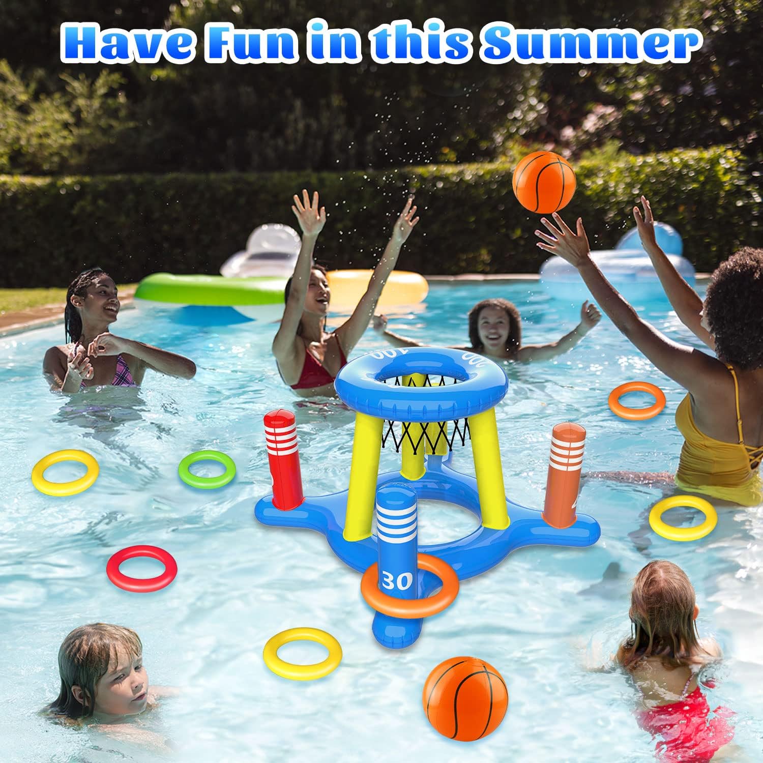 Jeux Piscine Gonflable 2 en 1, Panier de Basket Flottant et Lancer D'anneaux, Journée D'été Jeu Piscine de Fête en Extérieur pour Enfants Adultes, Bleu, PVC, 12 Pièces, 12 Count