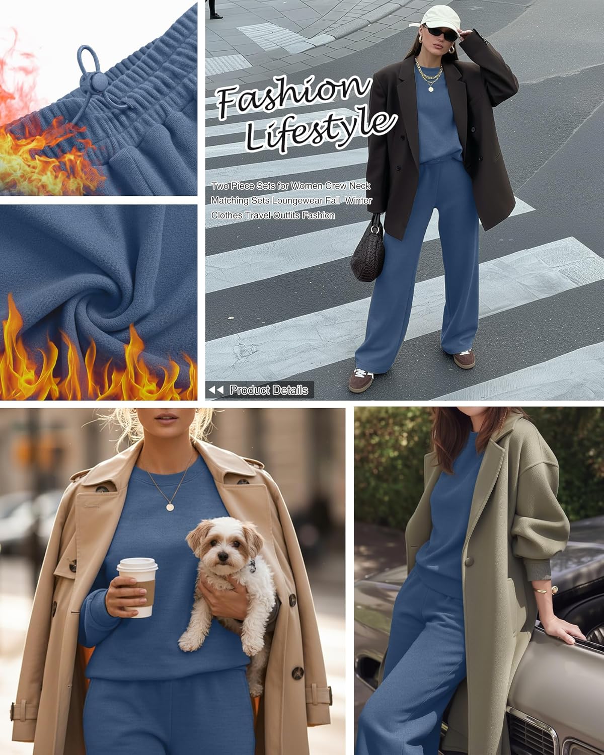 Women's 2 Piece Outfits Set Fleece Lined Lounge Sweatsuit Crewneck Pullover Top Wide Leg Pants Casual Tracksuit - Image 5