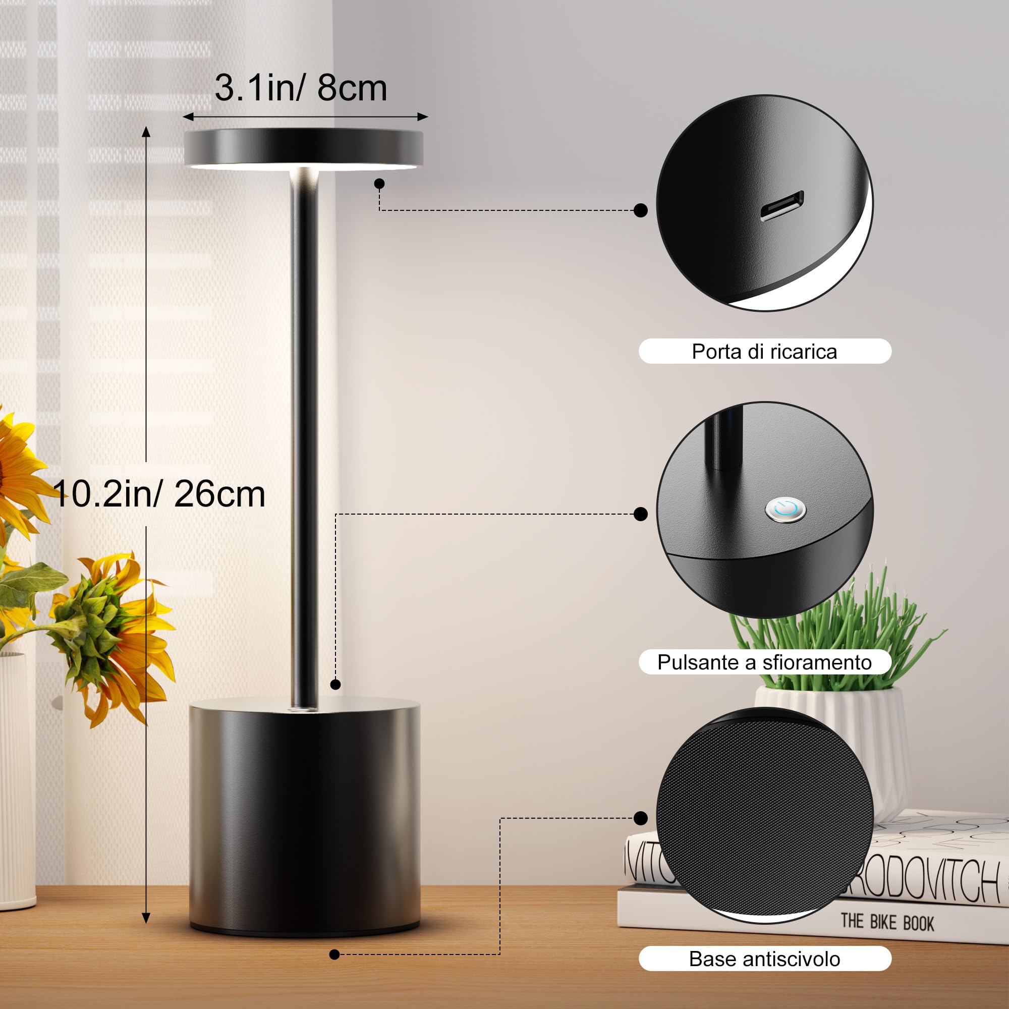 Lampada da tavolo senza fili LED Ricaricabile Dimmerabile 5000mAh 3 Modalità di Luce USB-C Lampada da tavolo Uso Interno/Esterno (Nero)