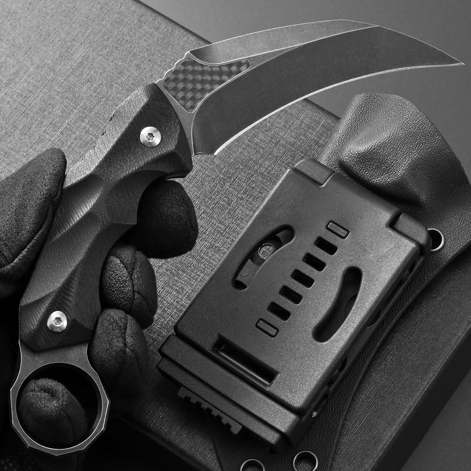 Ccanku C1692 Carbon Fiber Fixed Blade Knife,D2 Steel G10 Handle 4 Inches Camping EDC Tools Survival Claw Teeth Knife with Kydex Sheaths(Black) … …