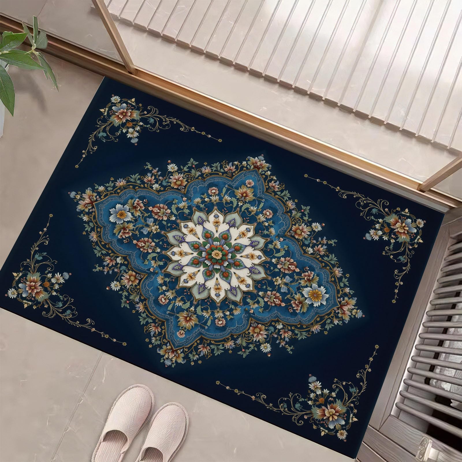Tapis Bleu foncé Style de tapis persan Motif floral géométrique Élégantes Paillasson Exterieur Entree Paillasson Interieur Antidérapant Lavable Tapi Entree Interieur pour Cuisine Couloir 80 x 120 cm