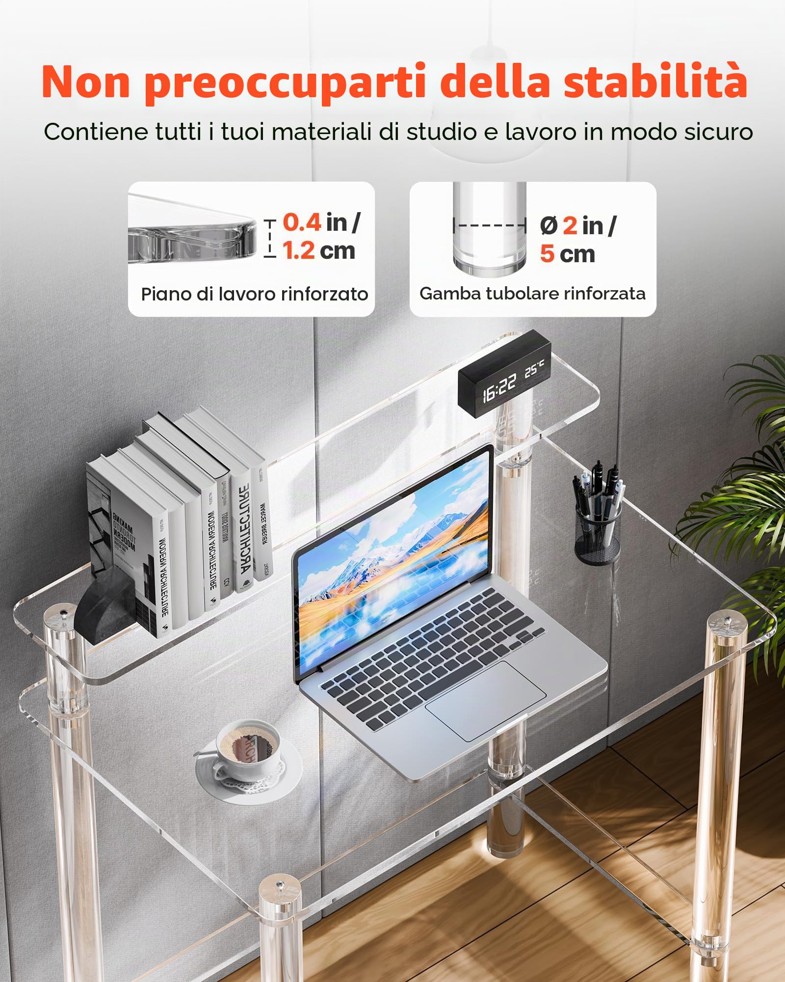 VEVOR Scrivania in Acrilico, Rettangolare a 2 Livelli Capacità di Carico 60 kg, Moderno Tavolino da Computer, per Camera da Letto, Isola Cucina, Ristorante, Ufficio, 50 x 80 x 88 cm, Trasparente