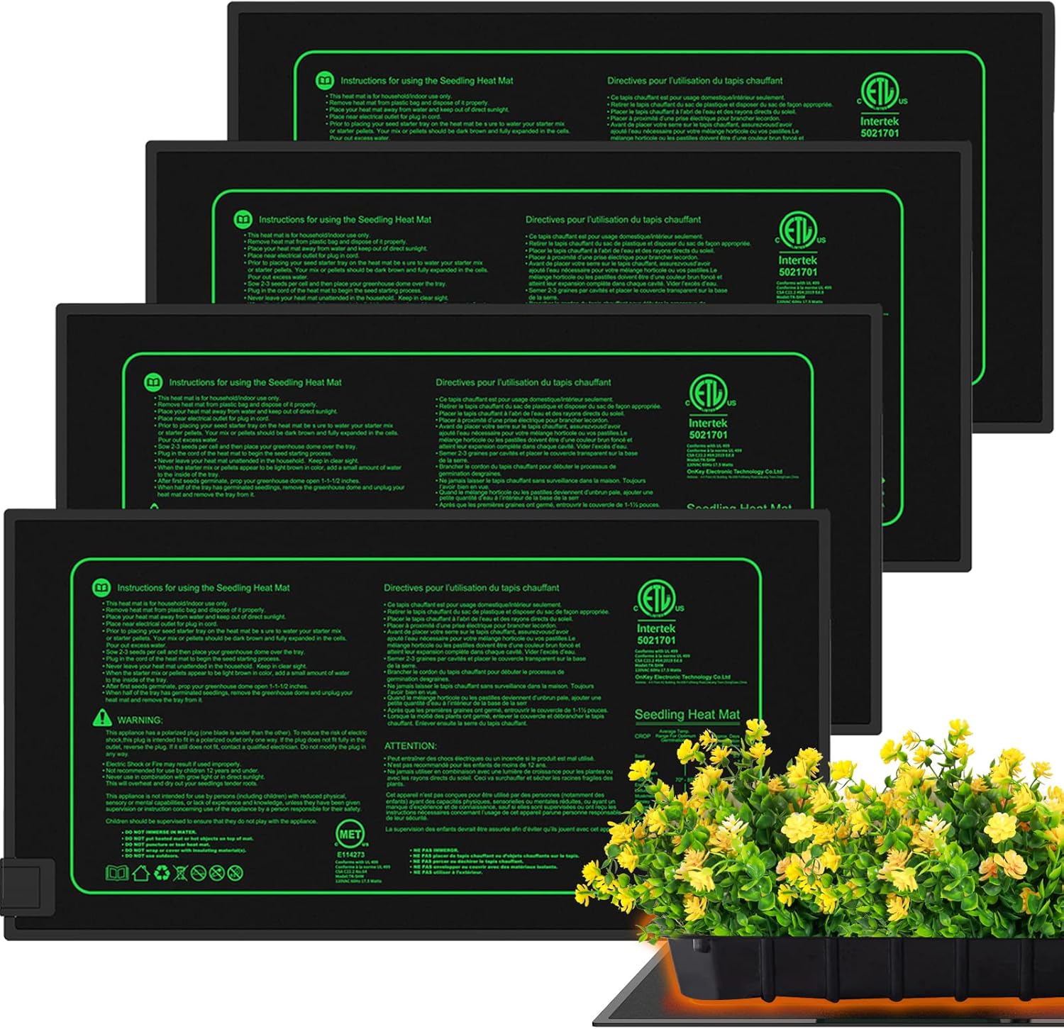 Seedling Heat Mat 10" x 20.75" UL & MET-Certified Warm Hydroponic Heating Pad for Germination, Indoor Gardening, Greenhouse(4 Pack)