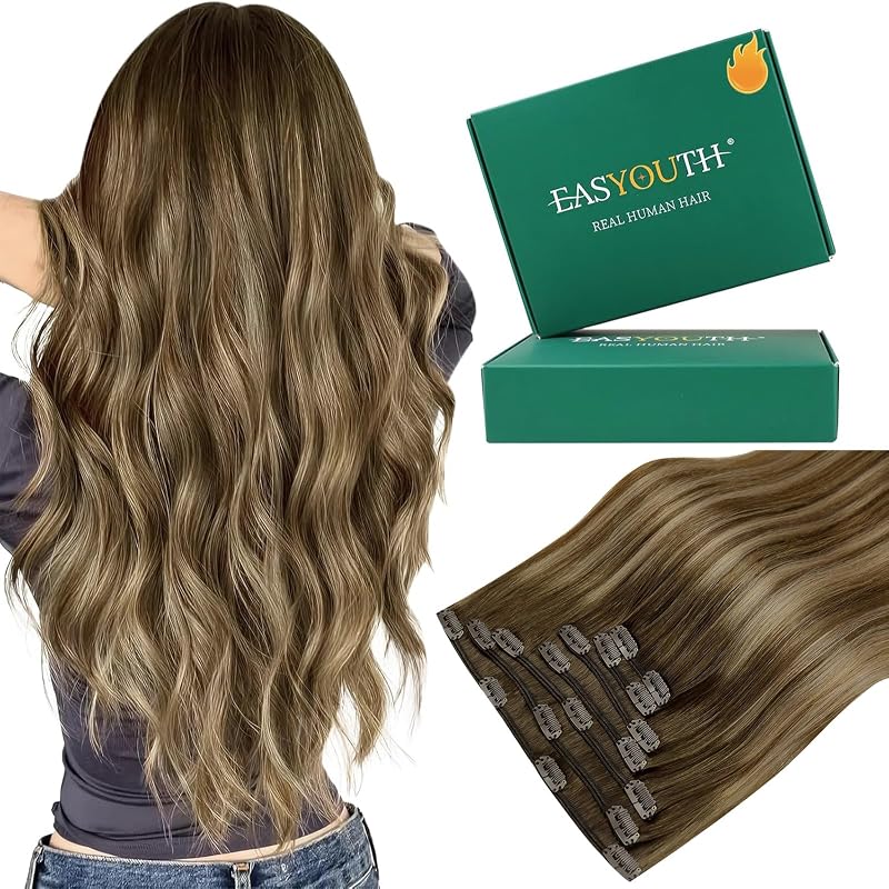 Easyouth Clip in Hair Extensions Human Hair Balayage, Remy Hair Clip in Extensions Ombre, Medium Brown Fading to Caramel Blonde, Real Hair Extension Clip in Human Hair for Beginners, 14In 85g 7pcs