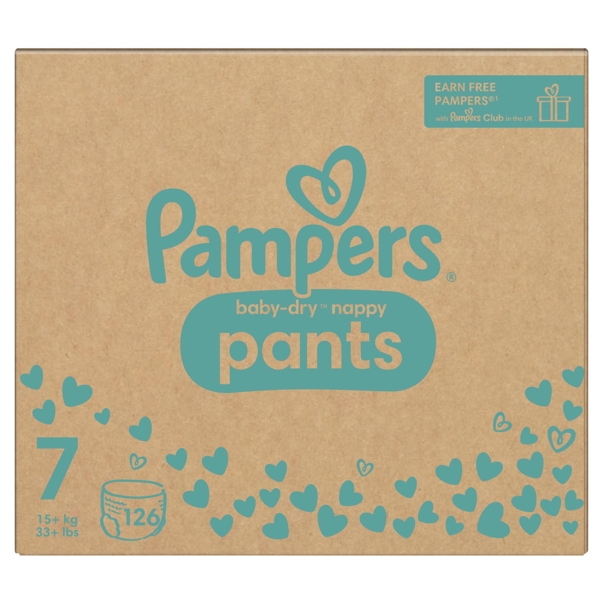 Pampers Spodnie do pieluszek dla niemowląt, rozmiar 7 (17 kg plus), 126 pieluch, miesięcznie oszczędzający pakiet, zatrzymaj i chroń kieszeń dla ochrony przed wyciekiem