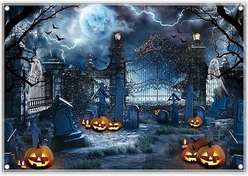 Telón de fondo de fotografía de cementerio embrujado de Halloween de 8 x 6 pies, farol de calabaza, espeluznante noche y luna, fondo de fiesta de