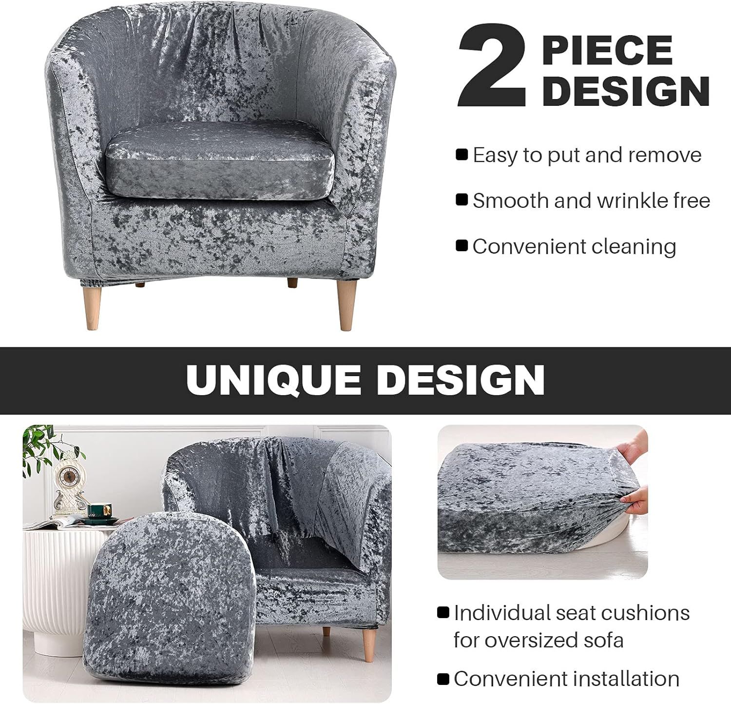 Tub Chair Slipcover 2 Piece Stretch Club Chair Cover with Cushion Cover Spandex Soft Washable Barrel Chair Slipcover Armchair Couch Furniture Protector for Living Room Hotel (Crushed Velvet Grey)