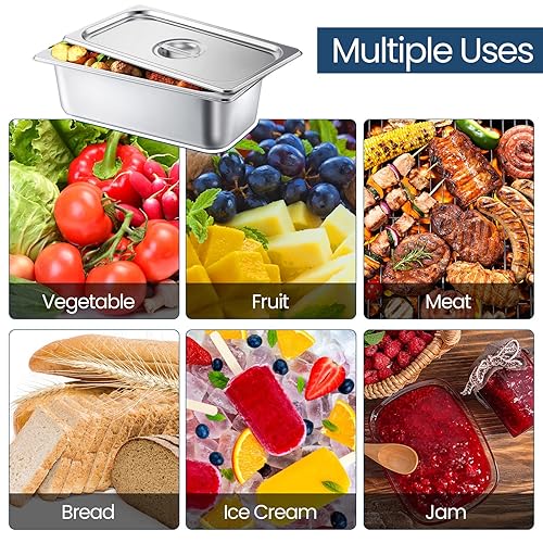 Miniatura 6 de Zubebe Paquete de 16 sartenes de hotel con tapa, mesa de vapor de 4 pulgadas de profundidad, acero inoxidable de 0.035 in de grosor, sartenes