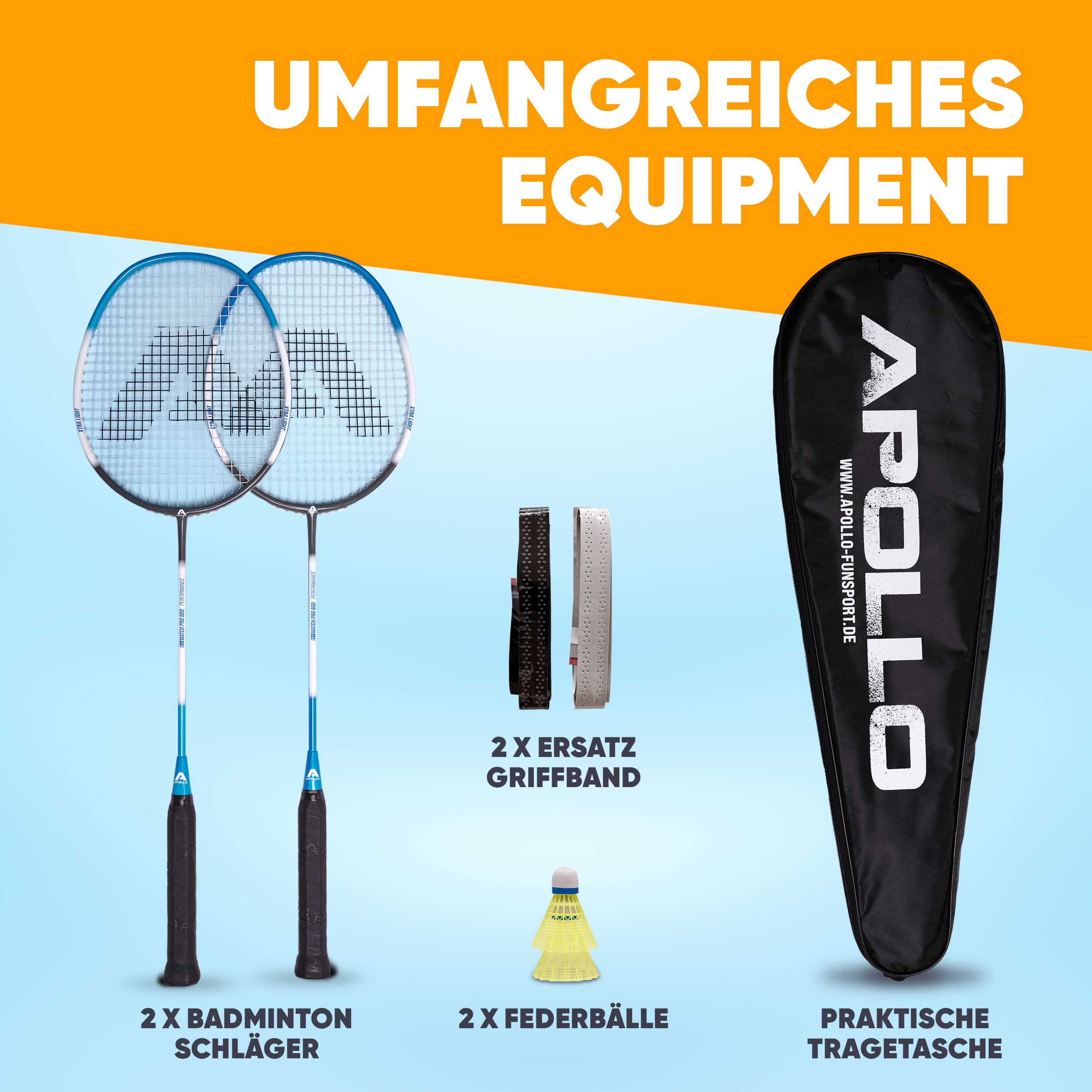 Apollo Badminton Set - Federballschläger Set für Training, Sport und Spaß mit der Familie, 2X Carbon Composite Badmintonschläger mit Tasche und Federbällen, leichte Badminton Schläger, Federballset