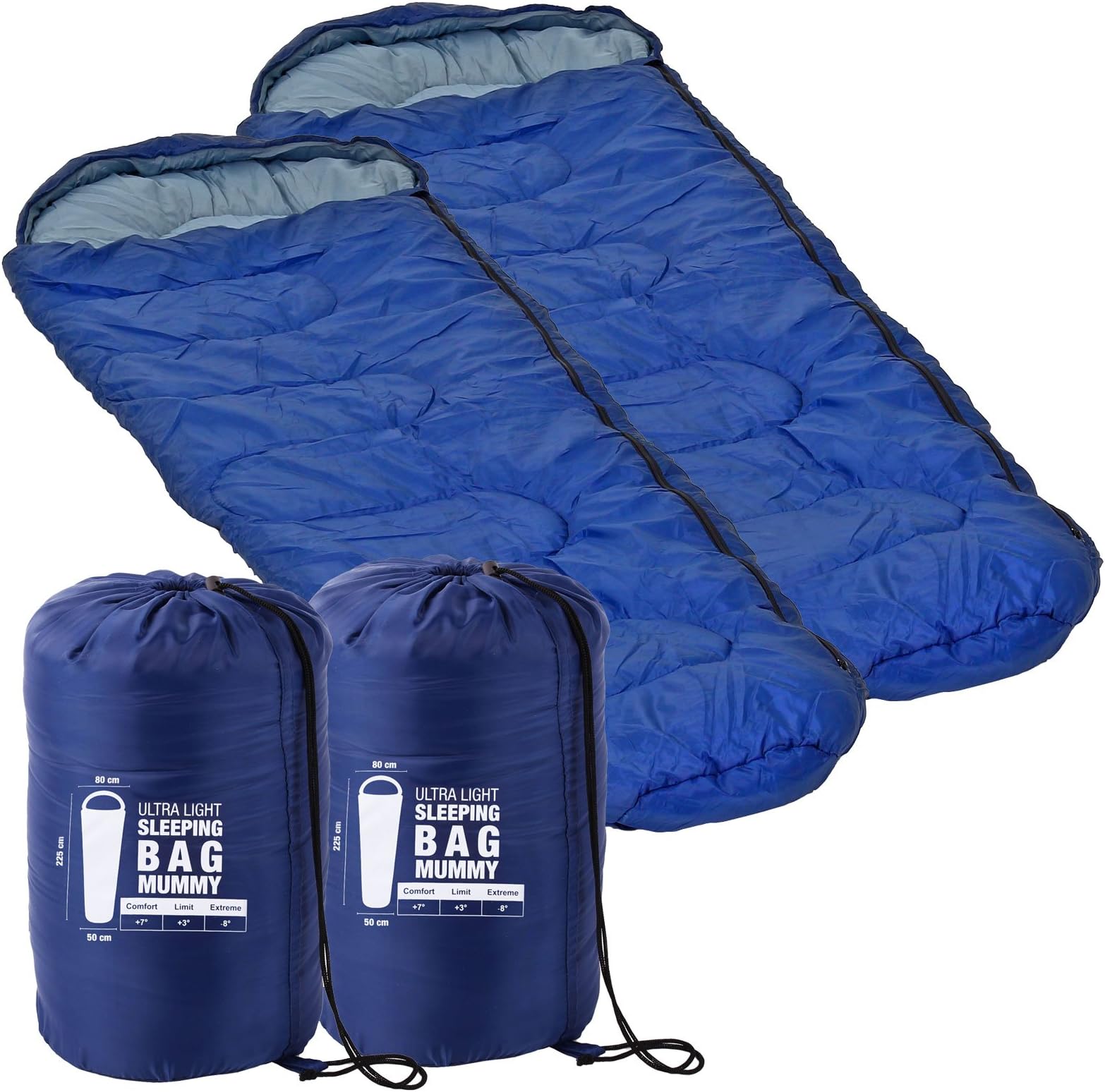 2x Ultra Light Mummy Sleeping Bag 225 x 80 x 50 Minus 8 °C Blue