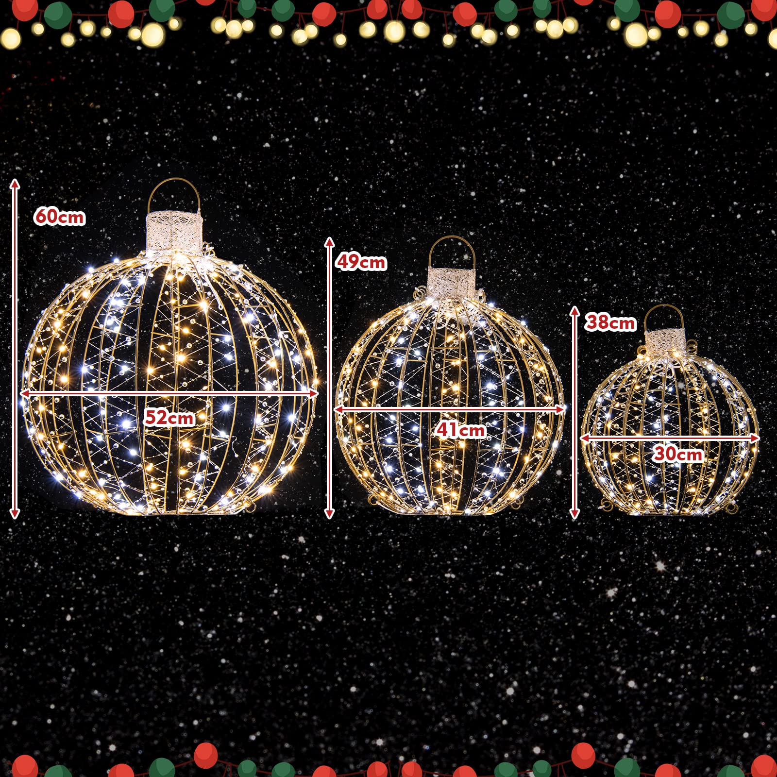 COSTWAY 3er Set LED Dekokugeln, Leuchtkugeln, Weihnachtsbeleuchtung für außen und innen