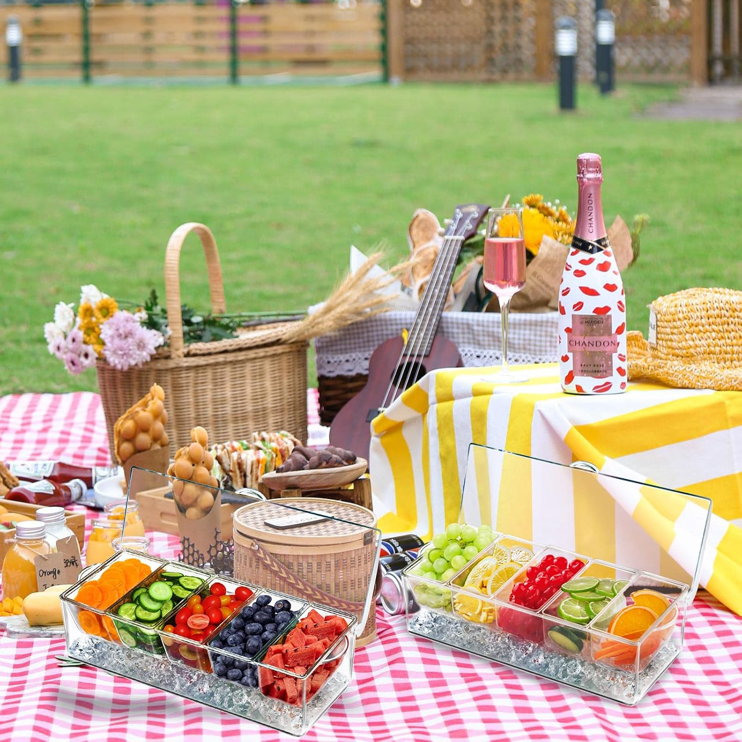 INNOVATIVE LIFE Bar Serving Tray on Ice with 5 Compartments Container, Fruit Trays for Serving, Garnish Platters with Lid, Chilled Condiment Server