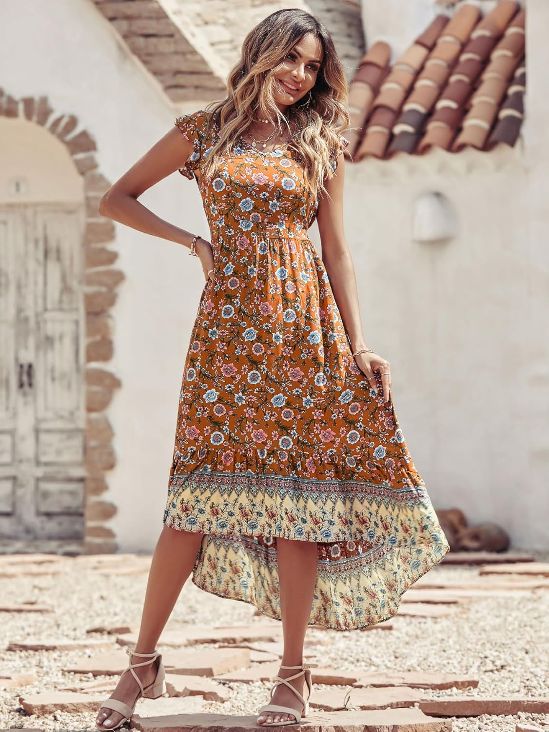 PRETTYGARDEN Women's Summer Maxi Dress Casual Floral V Neck Cap Sleeves Boho High Low Flowy Midi Long Sun Dresses - Image 3