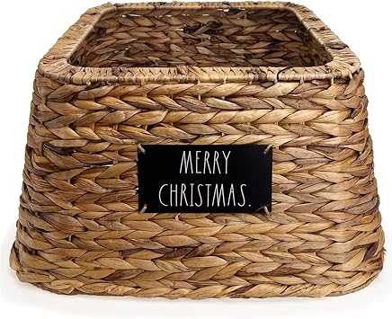 Rae Dunn Christmas Tree Collar - Base Decoration to Cover Artificial Christmas Tree Stand - Rustic & Farmhouse Holiday Decorations Woven Square - Merry Christmas
