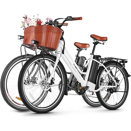 ANCHEER 26'' Electric Bike for Adults, Peak 750W Low Frame Electric City Bike with 48V/374Wh Battery, Up to 50Miles Step Through Commuter Ebike/Electric Bicycle with Basket, LCD Display