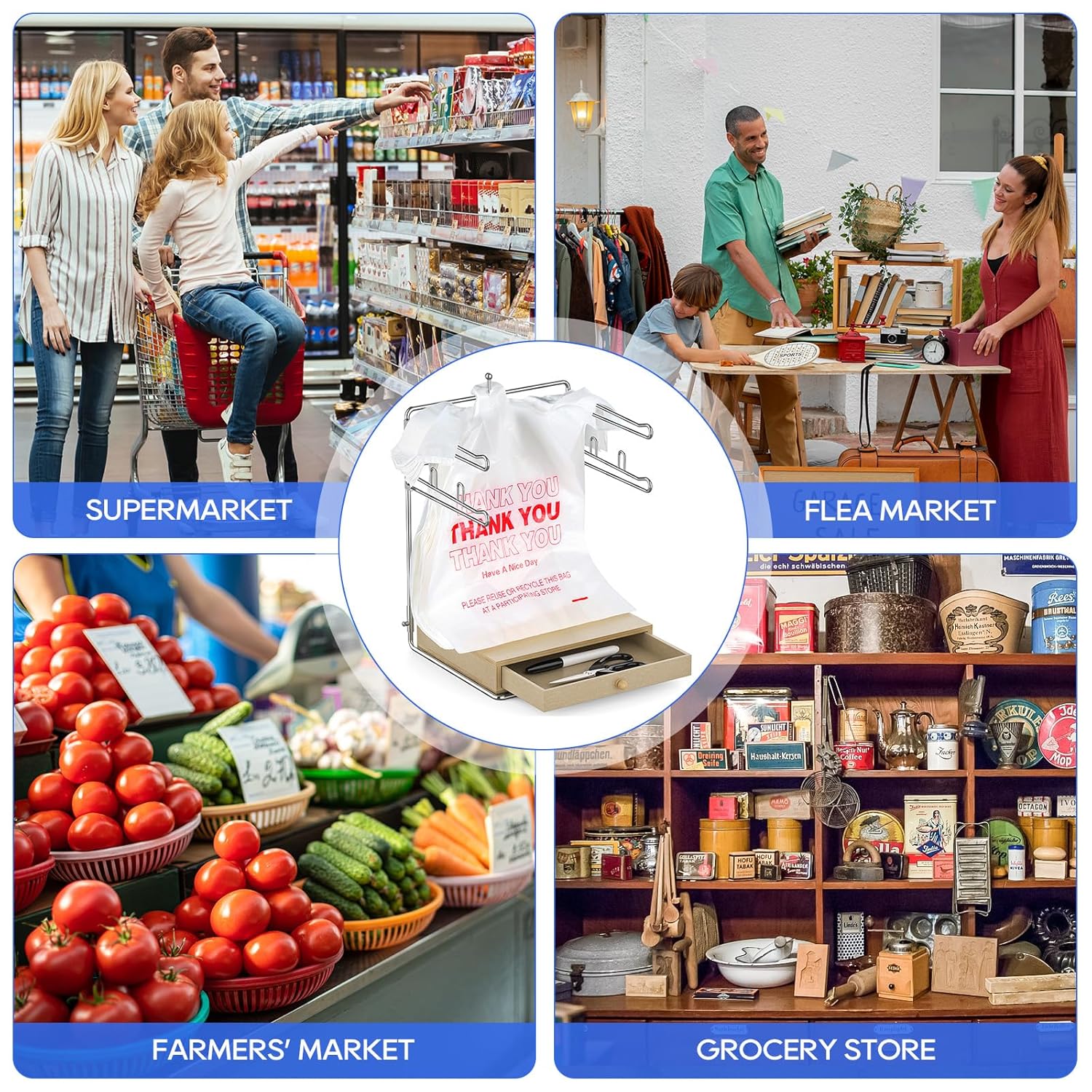 Plastic Grocery Bag Holder, Chrome T-Shirt Bag Rack, Plastic Bag Organizer with Wooden Drawers Base for Grocery Store, Supermarket, Restaurant, Business (Brown) image 8 of 8 B0DJXCXZ5G