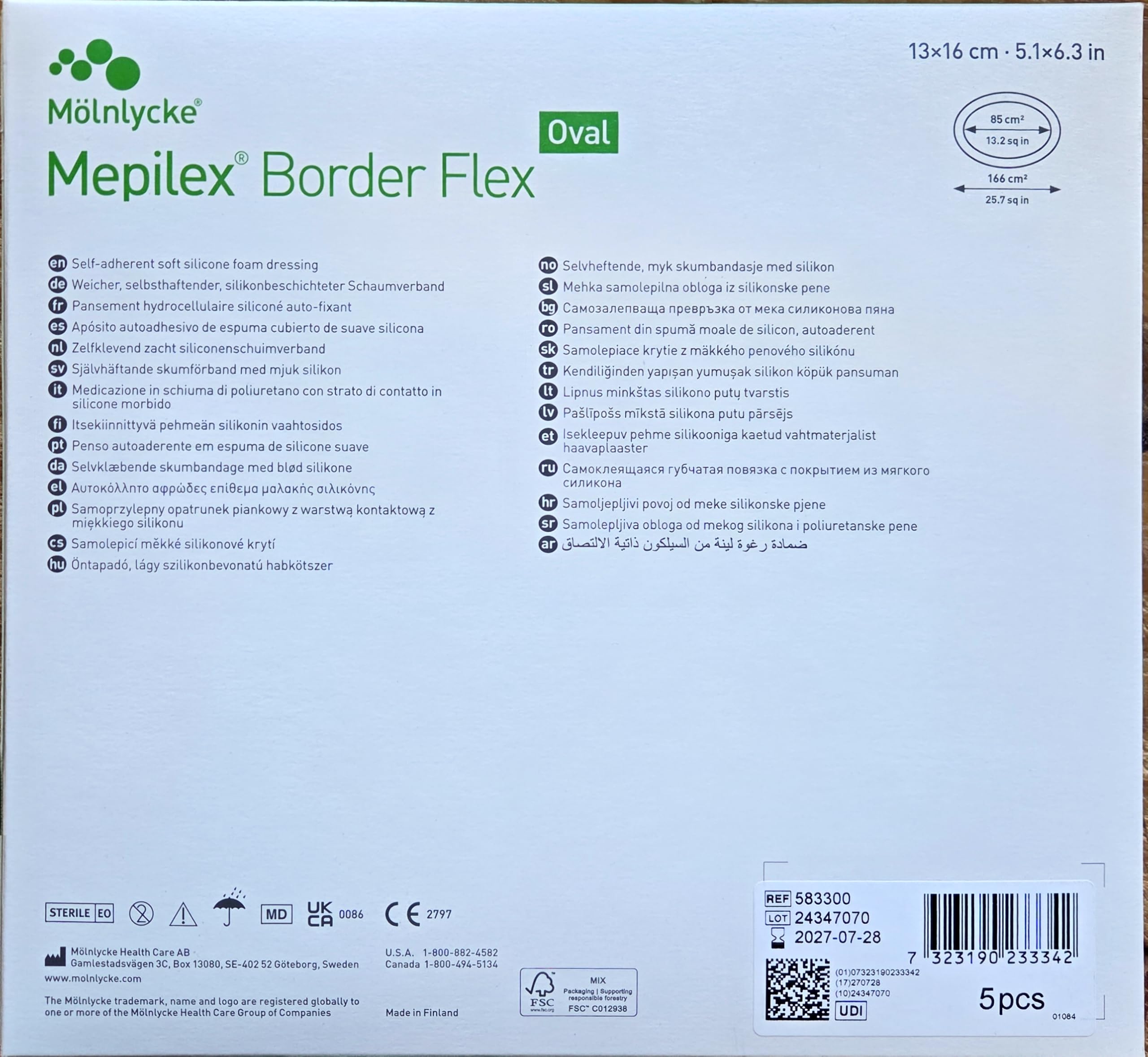 Mepilex Mölnlycke Border Flex compresse ovali flessibili, 13 x 16 cm, deposizione addominale, tecnologia Safetac, 5 pezzi, REF583300