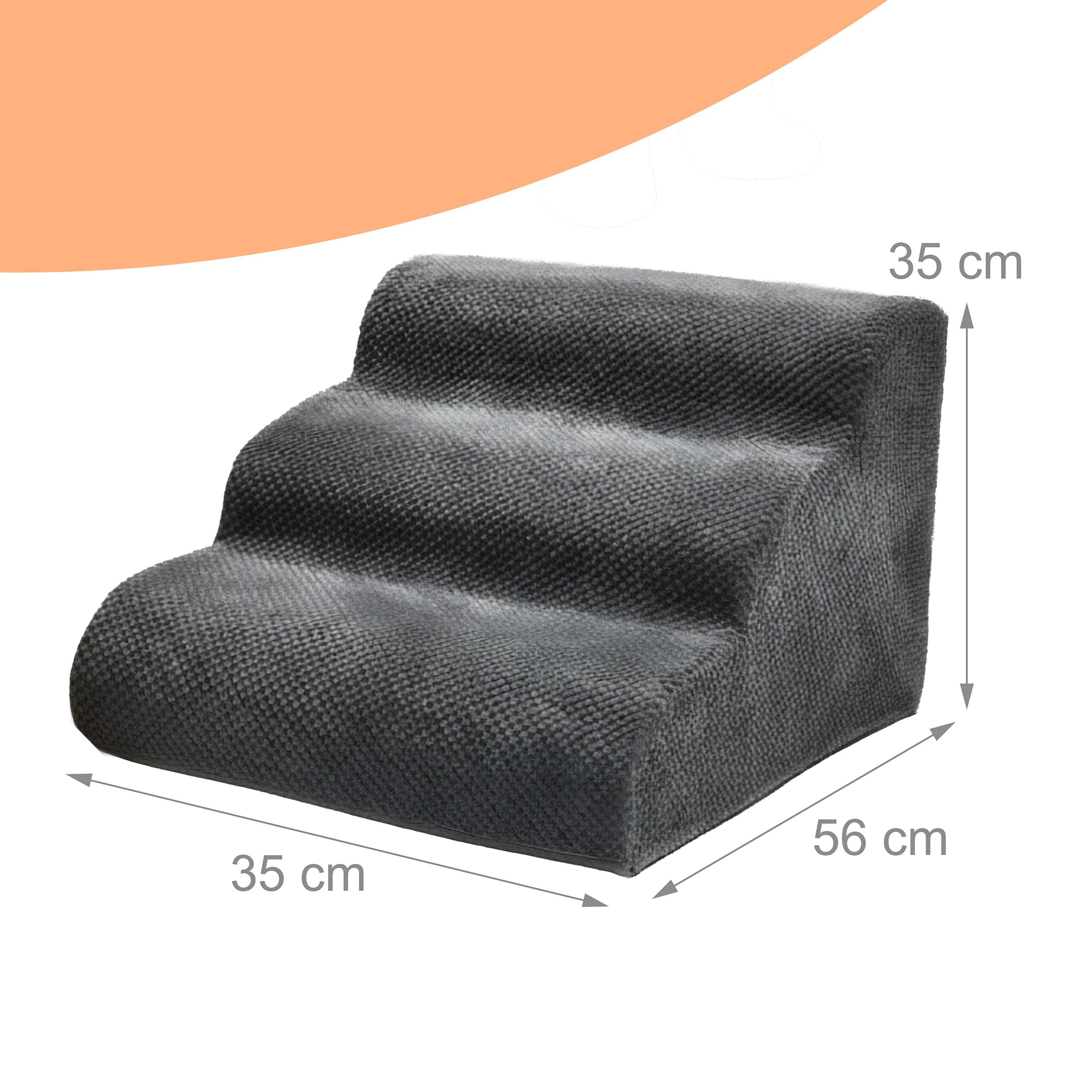 Relaxdays Schody dla psa, 3 stopnie, wys. x szer. x gł.: 35 x 35 x 56 cm, antypoślizgowe, obicie z materiału, schody dla zwierząt domowych, łóżko i sofa, ciemnoszare
