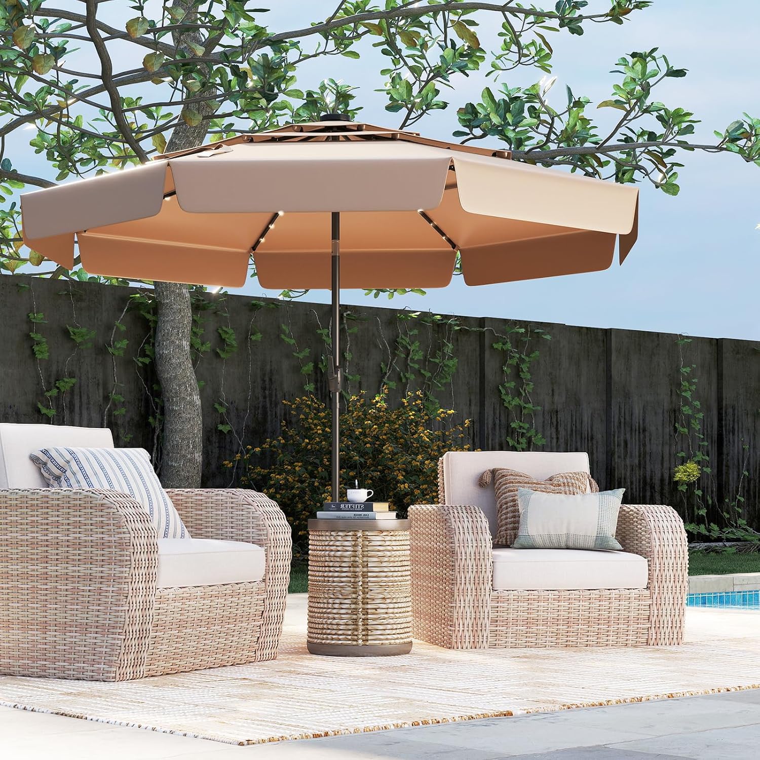 LDAILY Moccha Patio Umbrella with Solar Lights - 10 FT 3-Tiers Table Market Umbrella with 32 LED Lights, Tilt Adjustment, 8 Ribs & Crank Lift, Scalloped Outdoor Umbrellas for Backyard Pool Deck