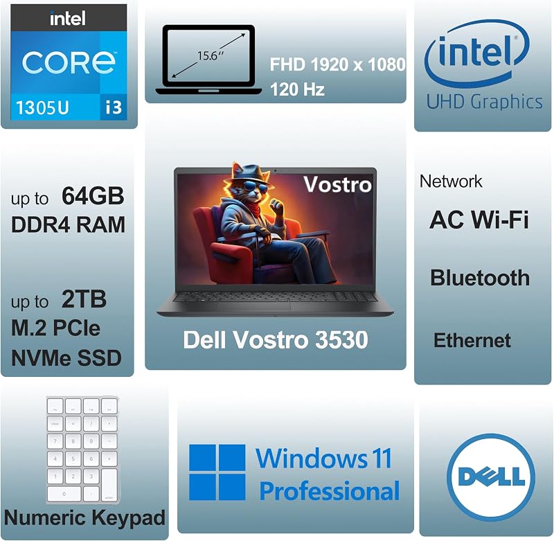 Dell 15 Laptop Computer for Business and Student, Intel Processor (Beat i5-1145G7), 16GB DDR4 RAM, 512GB PCIe SSD, Vostro 3530 15.6" 120Hz FHD, WiFi, Bluetooth, Type-C, HDMI, Webcam, Windows 11 Pro image 3