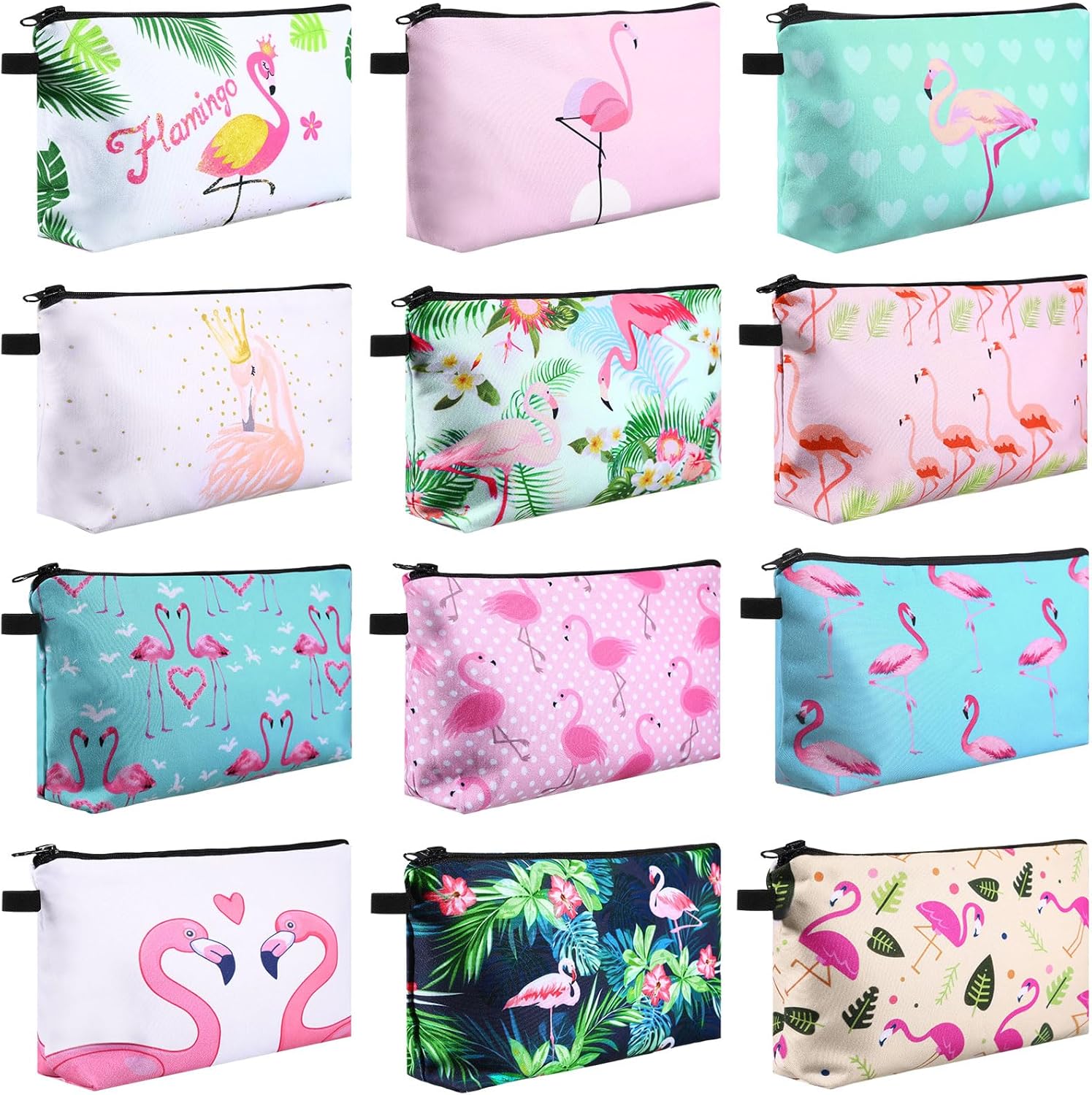 12 Pcs Canvas Cosmetic Bags Set Printed Makeup Bags with Zipper Multifunctional Canvas Travel Pouch for Women Travel Toiletry Bag(Flamingo Pattern)