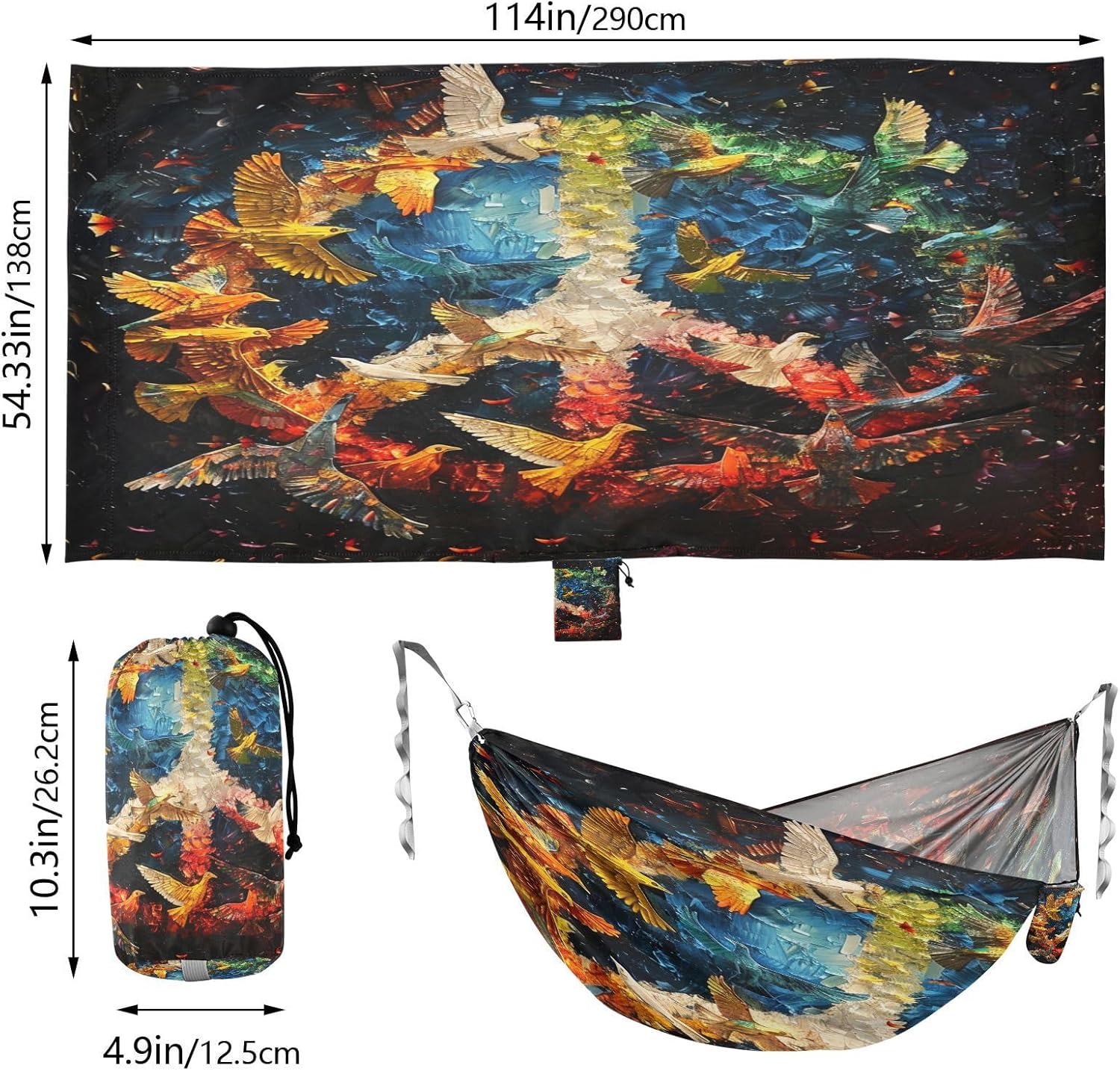 ALAZA Peace and Love Sign Doves Camping Hammocks Single or 2 Person 500 lbs Portable Parachute Travel Hammock w/Tree Straps for Hiking Backpacking Indoor Outdoor