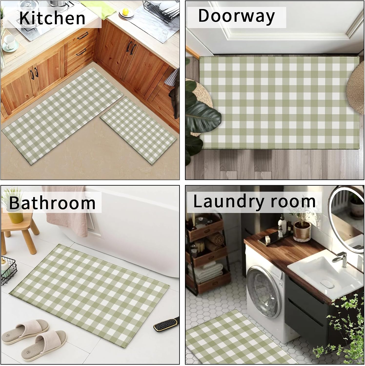 Sage Green Kitchen Rugs Modern Farmhouse Buffalo Plaid Kitchen Mats for Floor French Country Rustic Floor Mat Non-Slip Carpet Runner for Hallways Laundry Bedroom Bathroom, Set of 2